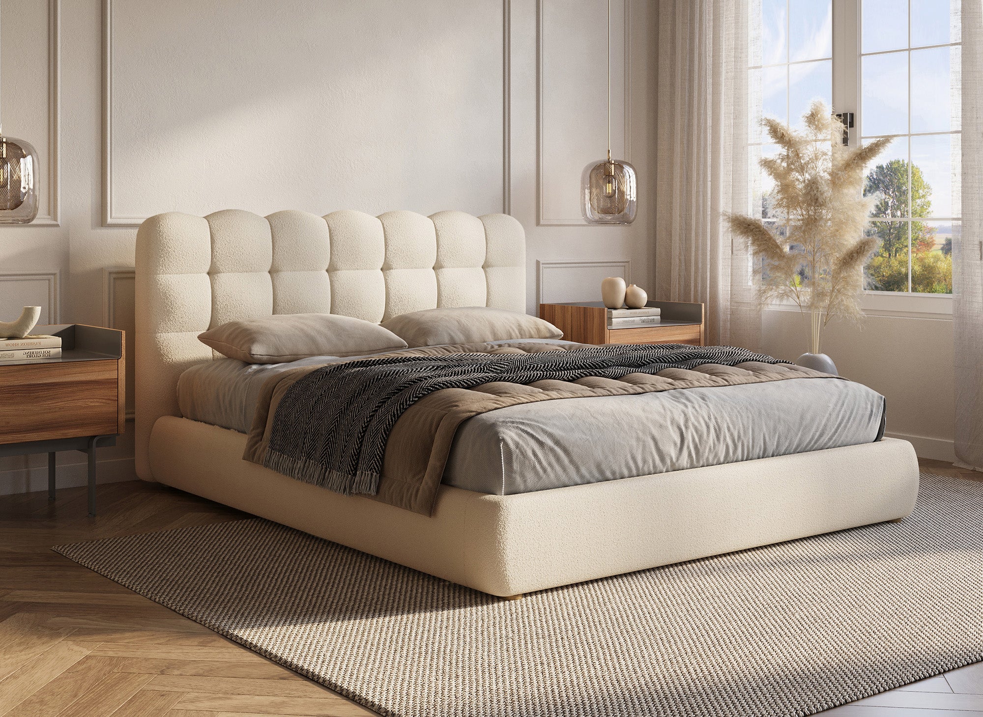 Lit coffre en tissu bouclette beige 180x200 cm BISCUIT