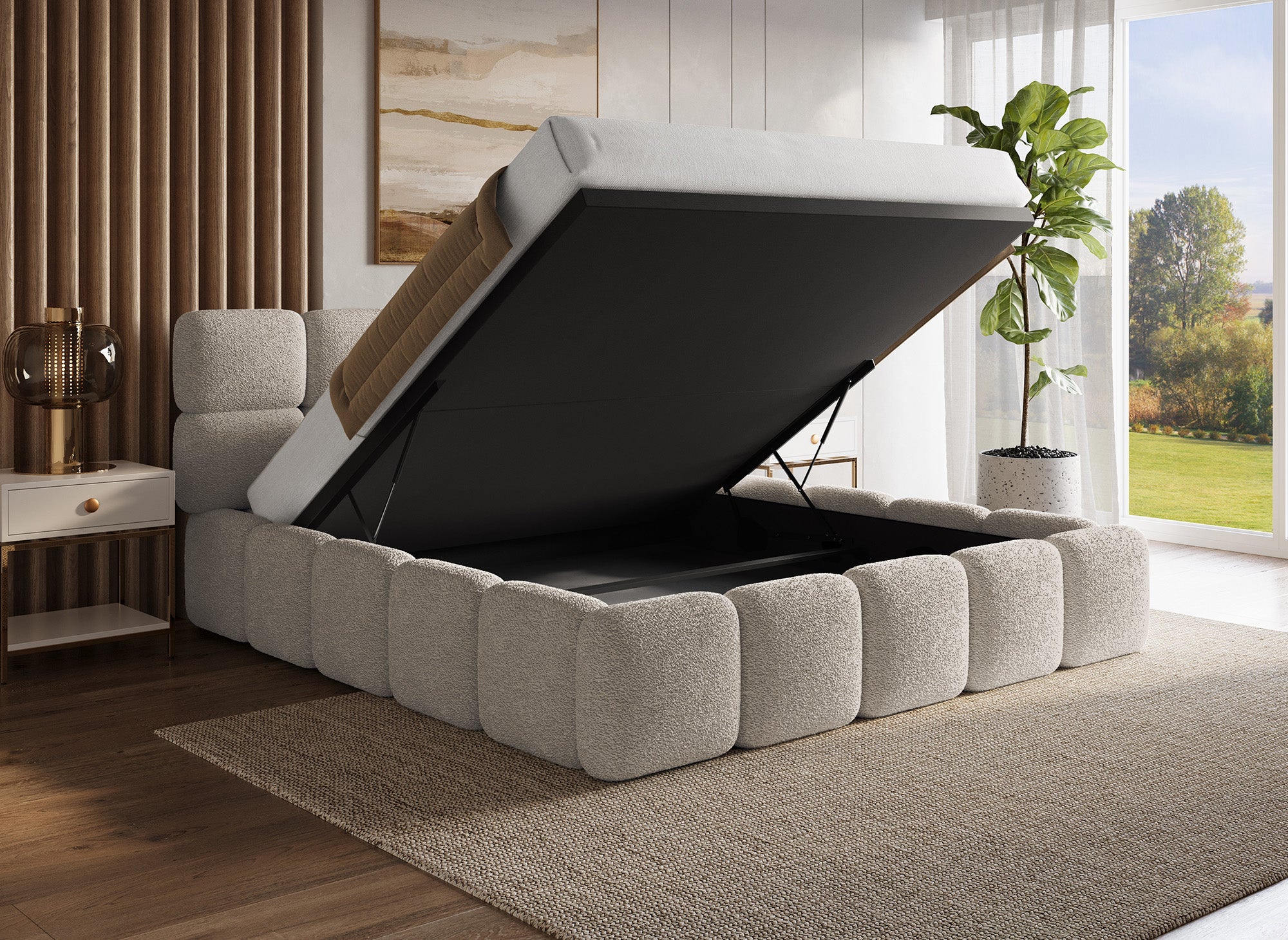 Lit coffre tissu bouclette taupe 180x200 cm BUBBLE