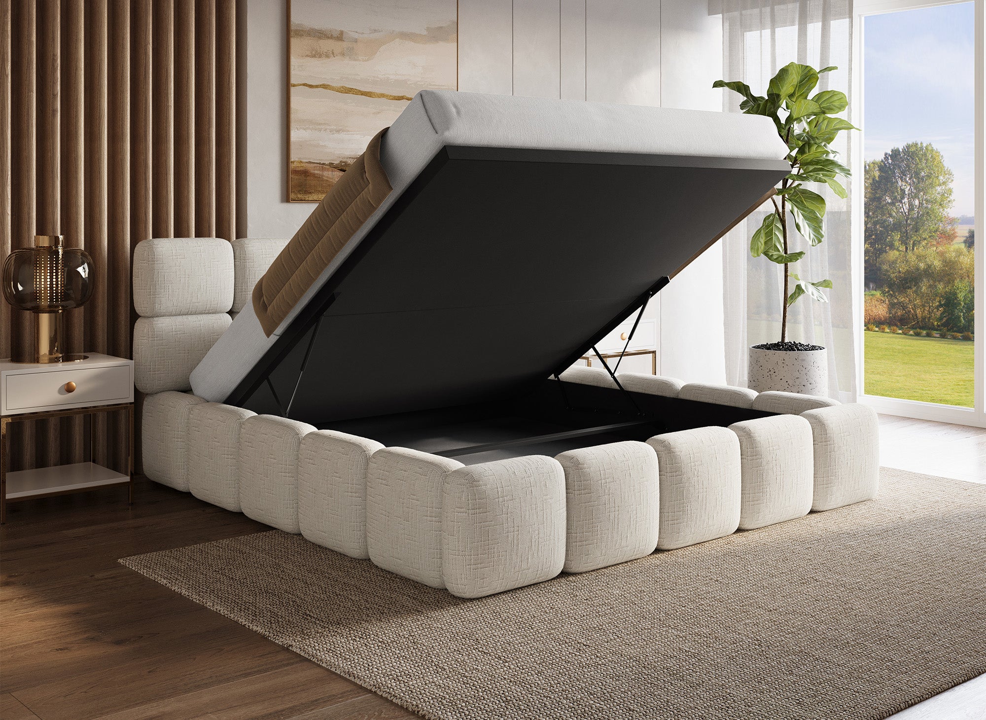 Lit coffre en velours chiné beige 180x200 cm BUBBLE