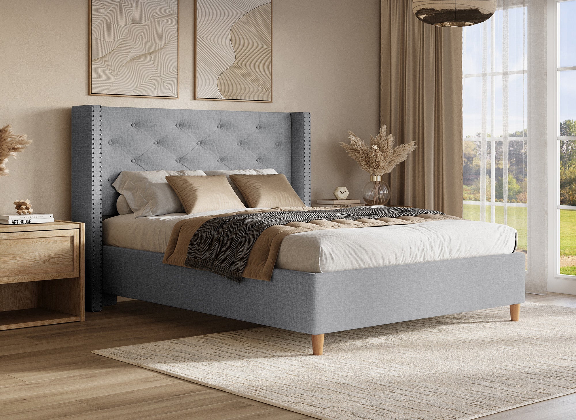 Lit double en tissu capitonné gris 180x200 cm MARGOT