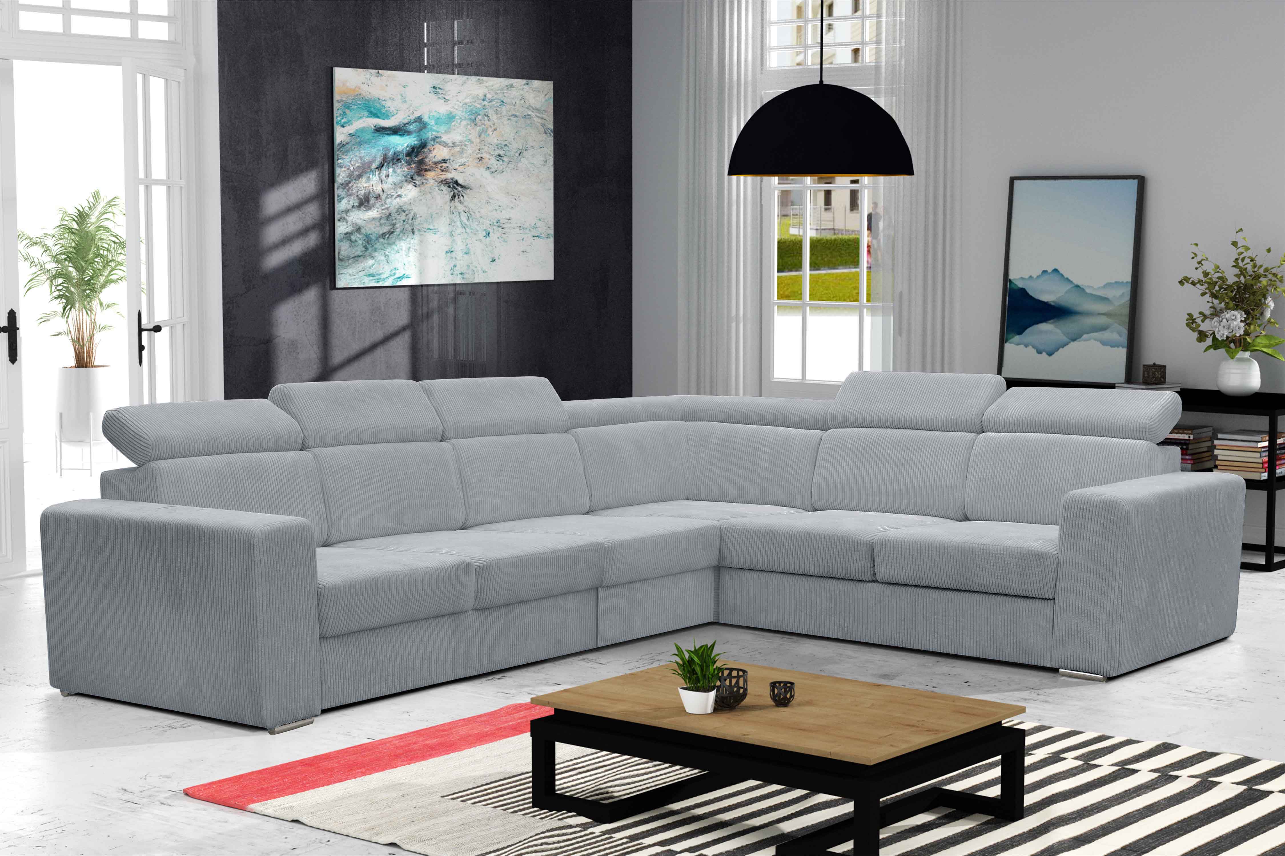 Canapé d'angle convertible et réversible en velours côtelé gris clair MERYL XL