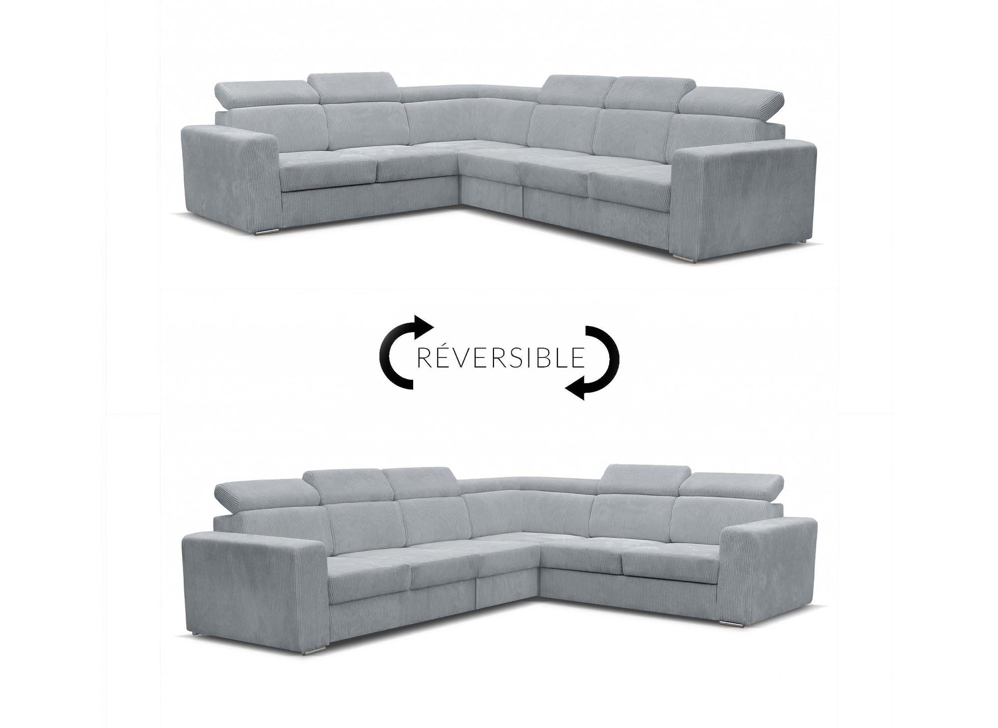 Canapé d'angle convertible et réversible en velours côtelé gris clair MERYL XL