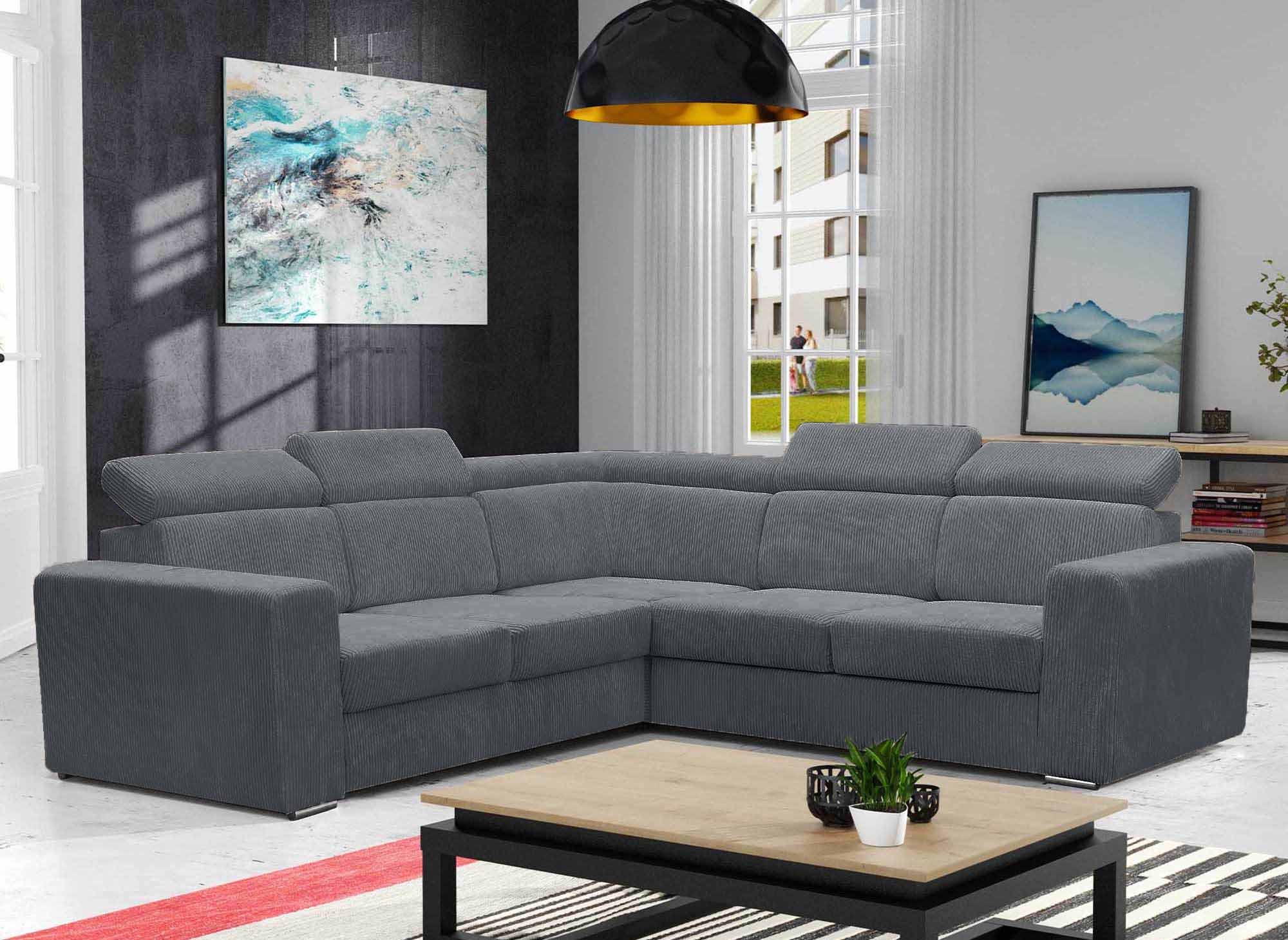Canapé d'angle convertible et réversible en velours côtelé gris foncé MERYL