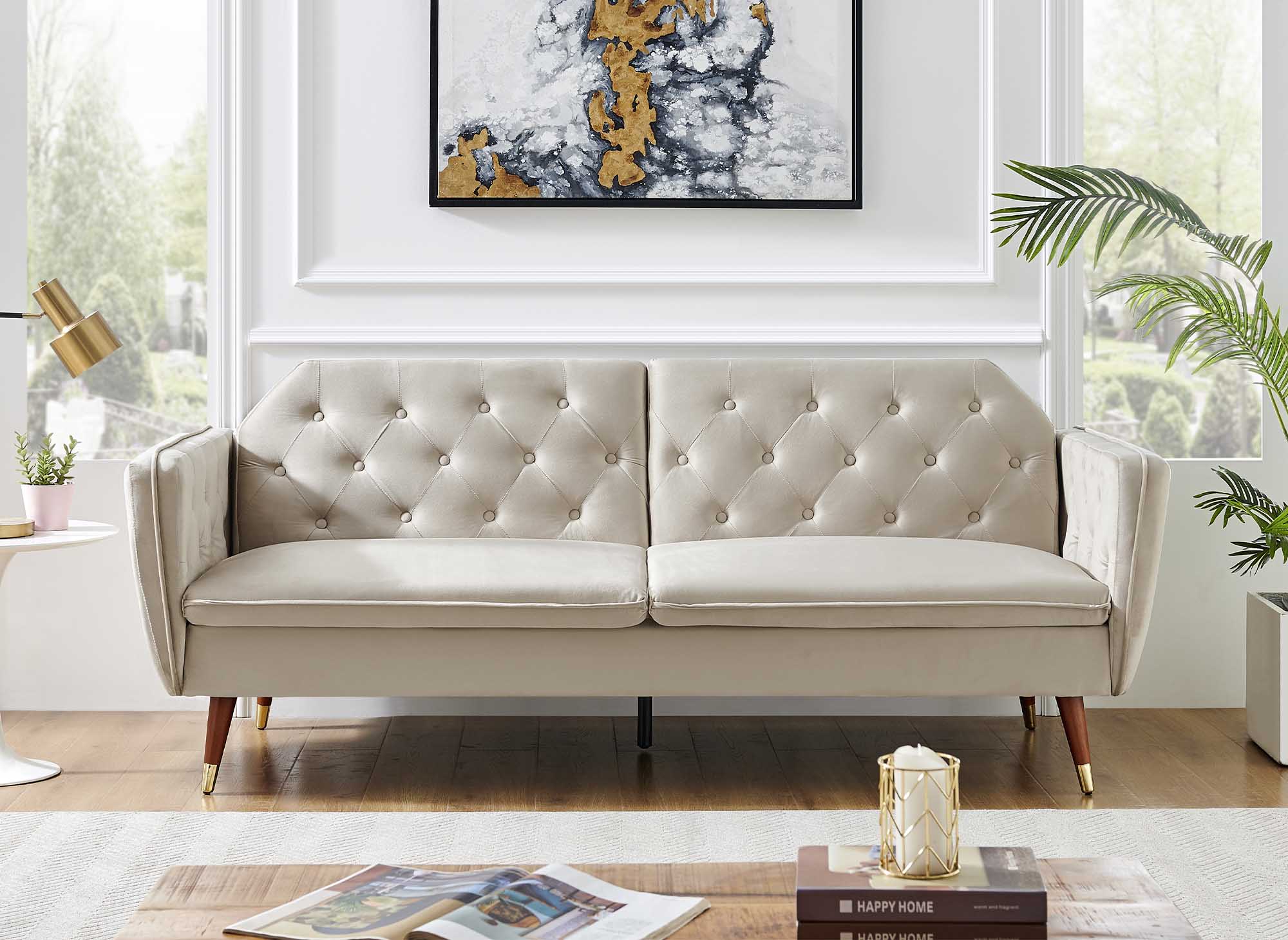 Canapé clic-clac convertible 3 places en tissu velours beige ARIANE