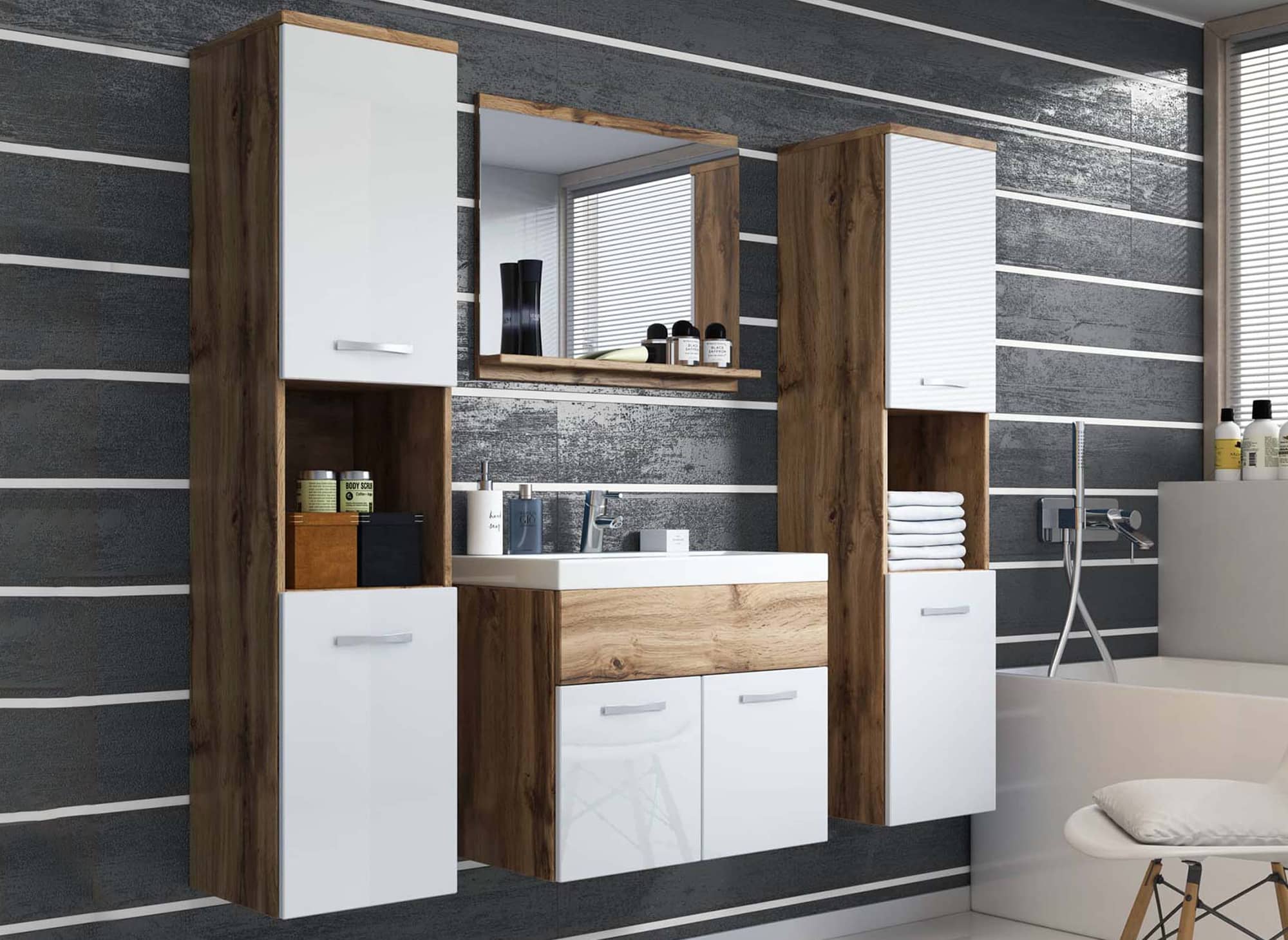 Ensemble meubles salle de bain suspendu XL - Bois et blanc HARMONY