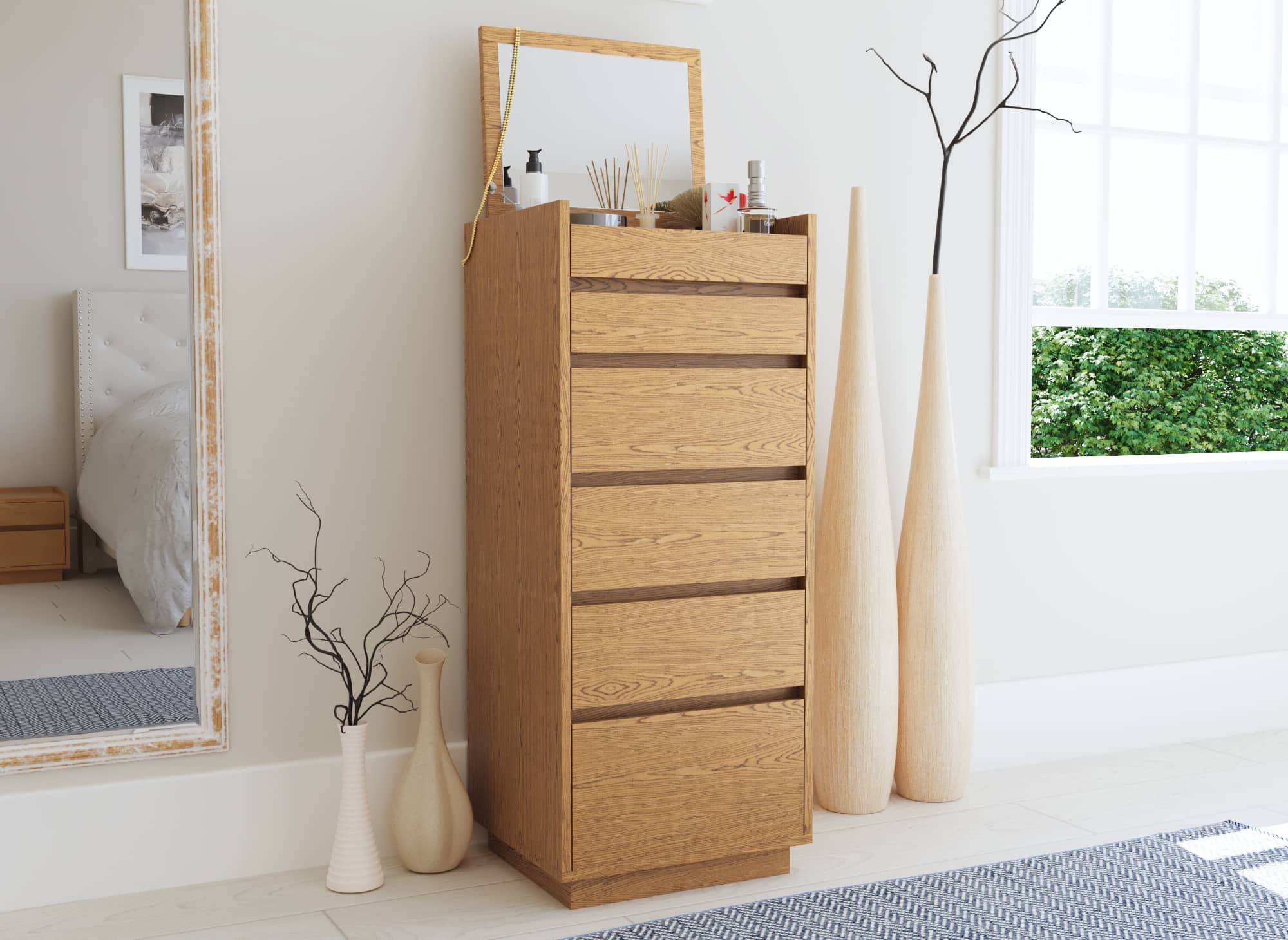 Commode 5 tiroirs avec coiffeuse en bois couleur chêne SACHA