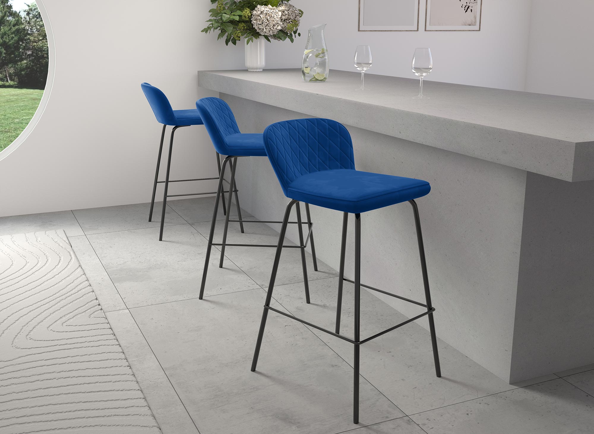 Lot de 2 tabourets de bar design en velours bleu BOSCO
