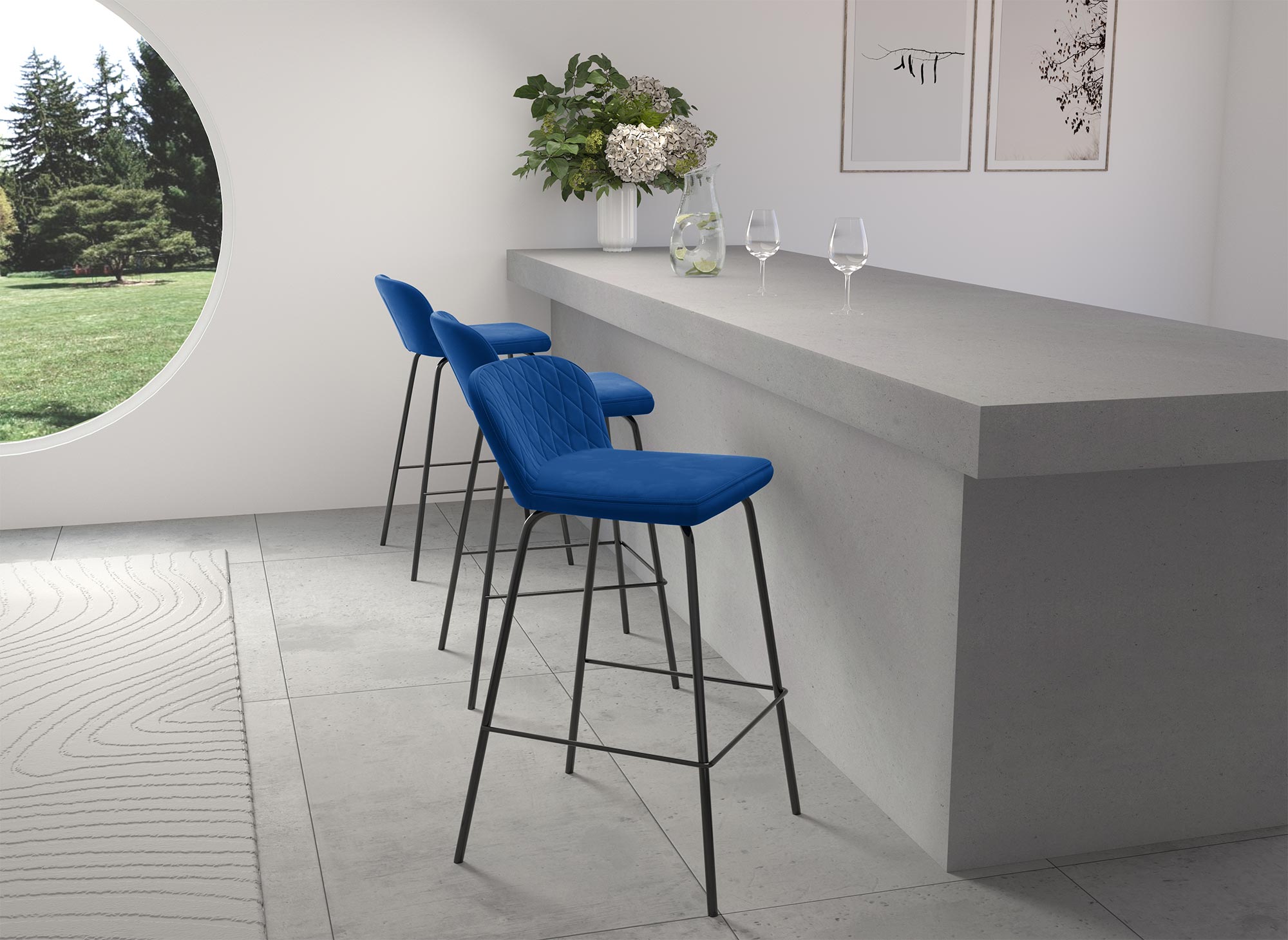 Lot de 2 tabourets de bar design en velours bleu BOSCO