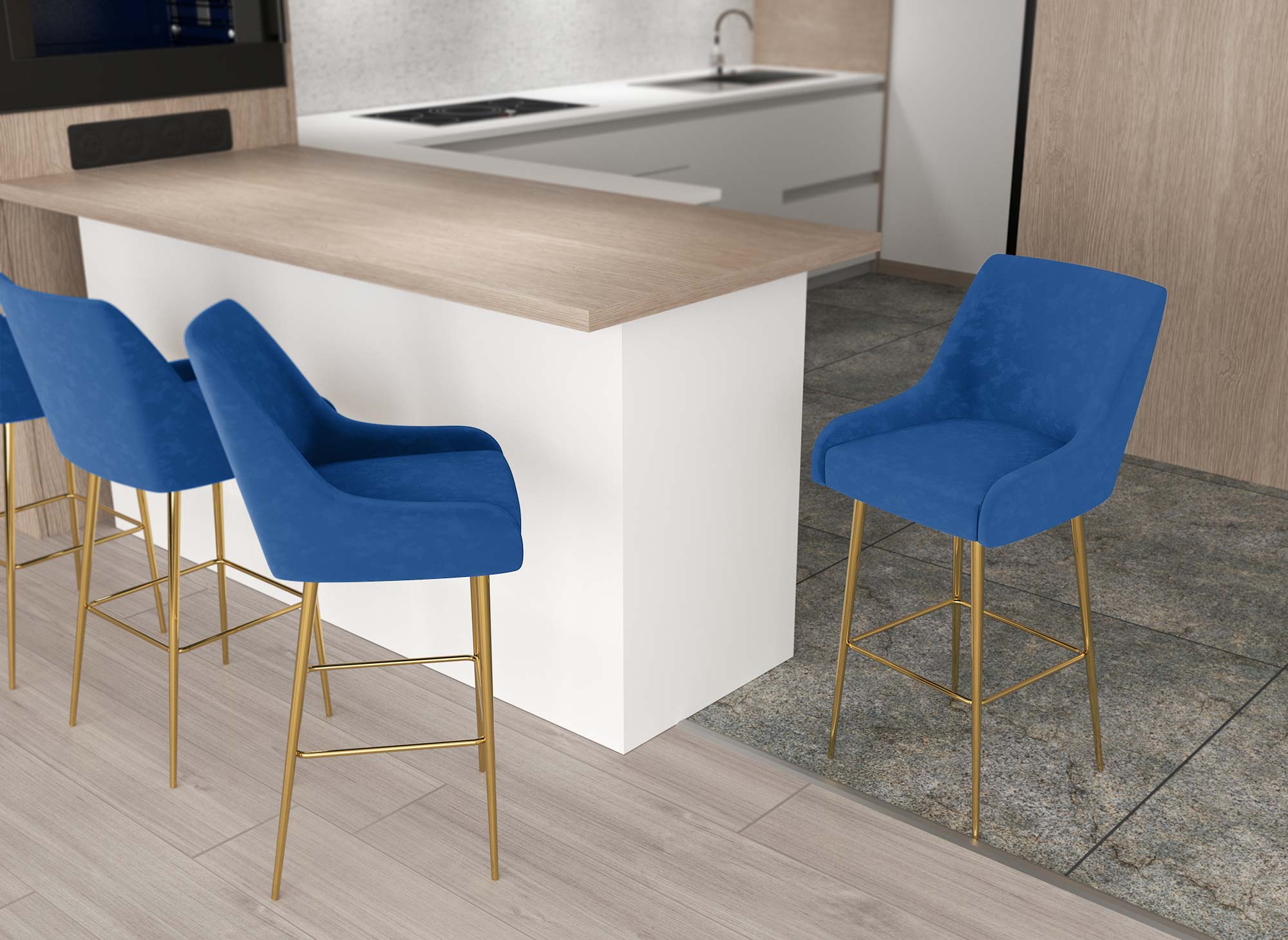 Lot de 2 tabourets de bar design en velours bleu LALYA