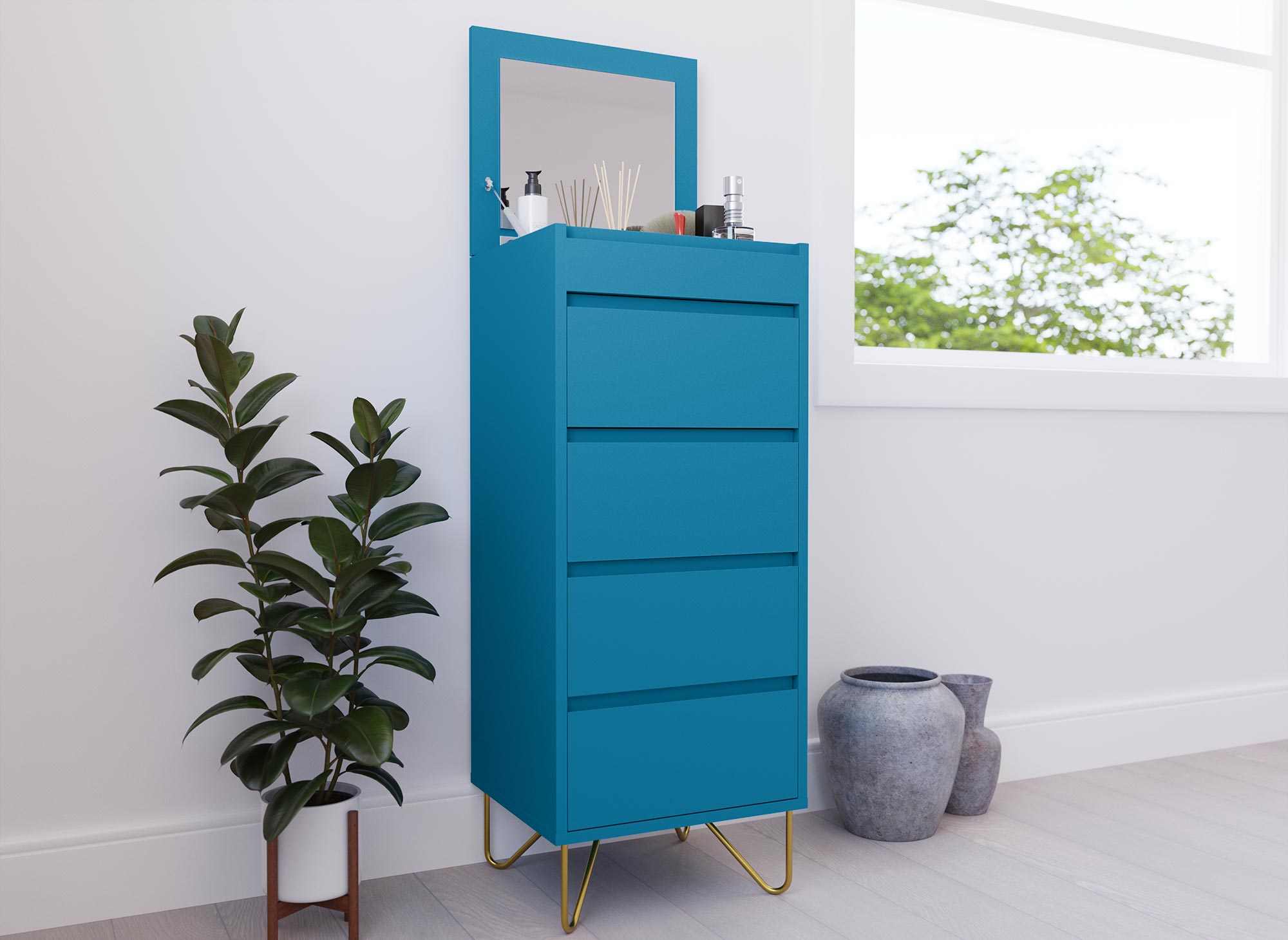 Commode 4 tiroirs bleu canard avec coiffeuse intégrée DARINA