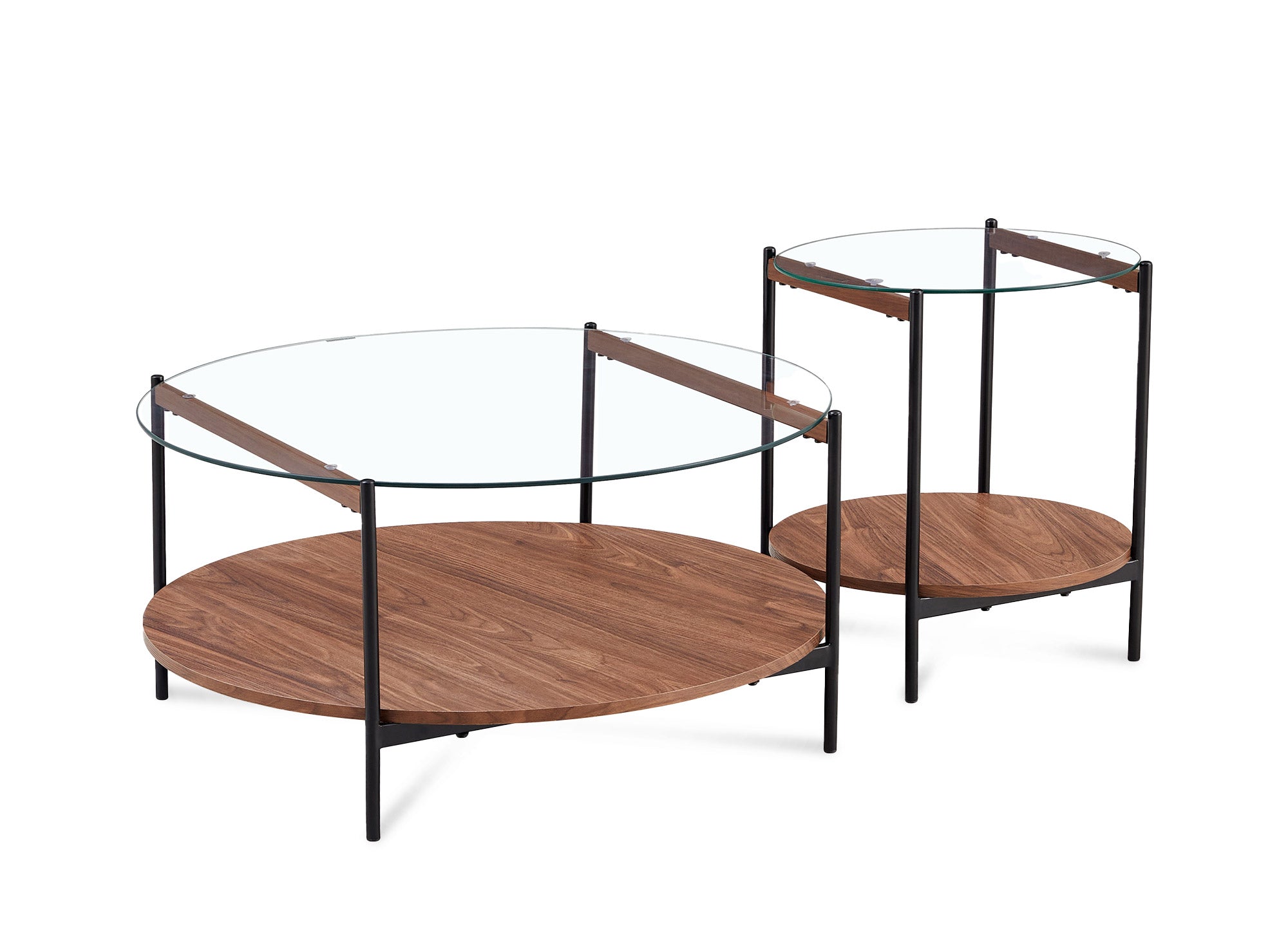 Lot de 2 tables basses rondes en verre bois et métal RIZZO