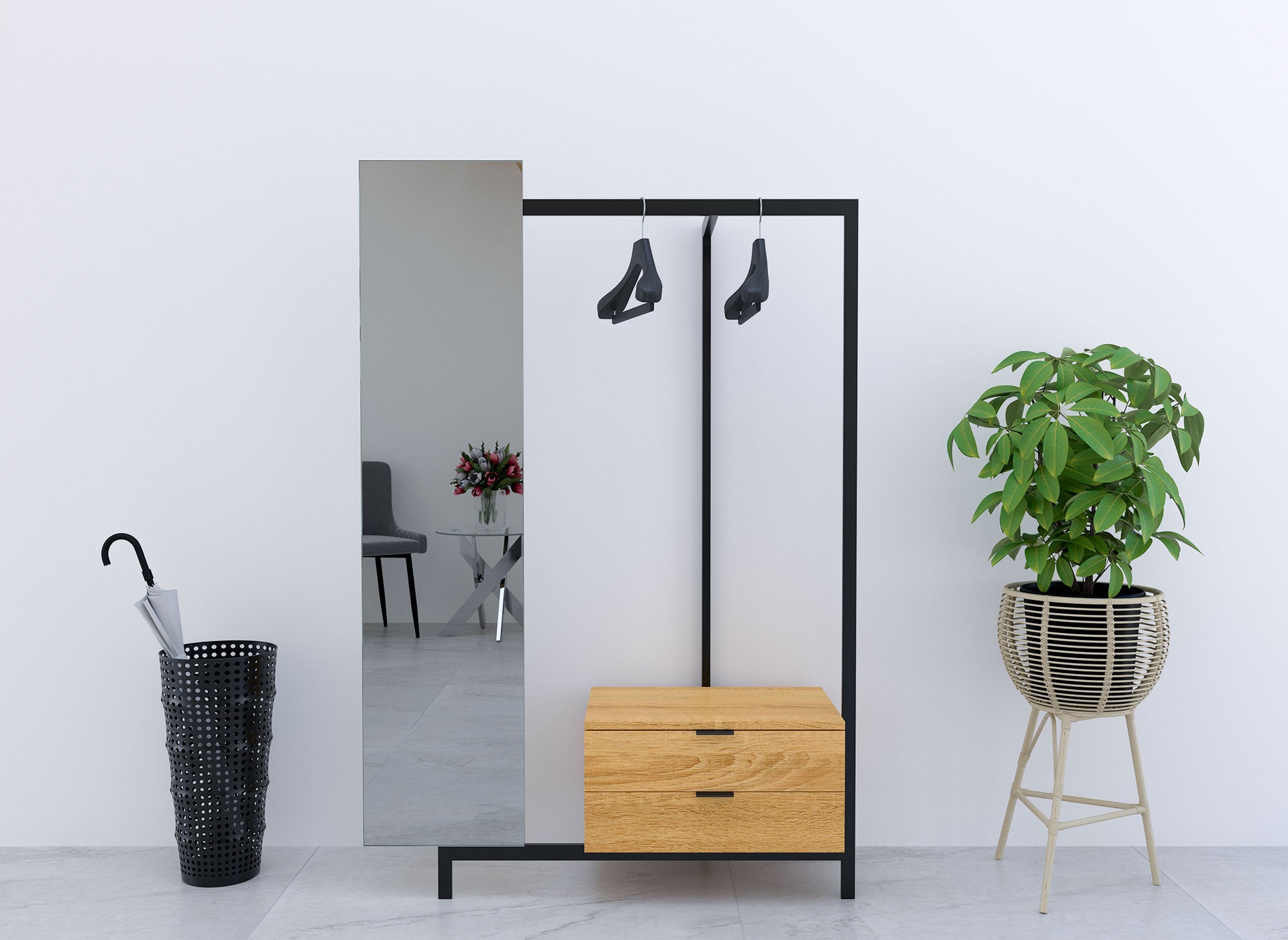 Meuble d'entrée avec armoire miroir et 2 tiroirs en bois et métal GLENN