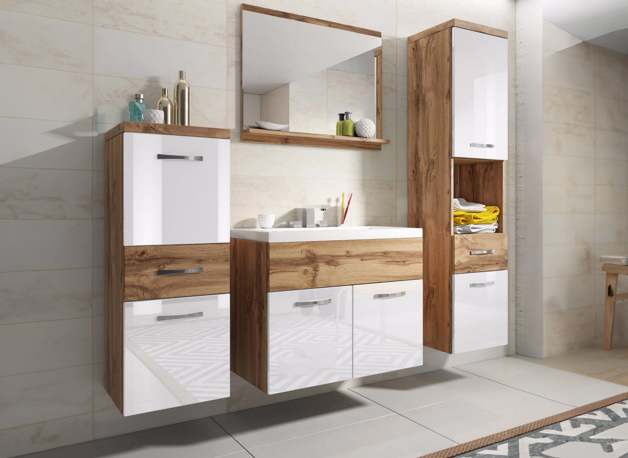 Ensemble meubles salle de bain suspendu - Bois effet vieilli et blanc SHELBY