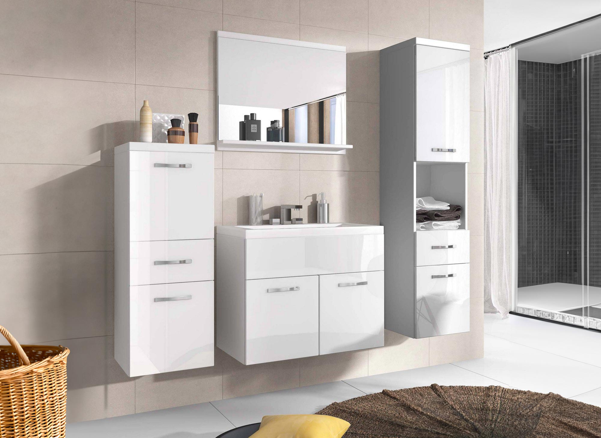Ensemble meubles salle de bain design suspendu - Blanc laqué SHELBY