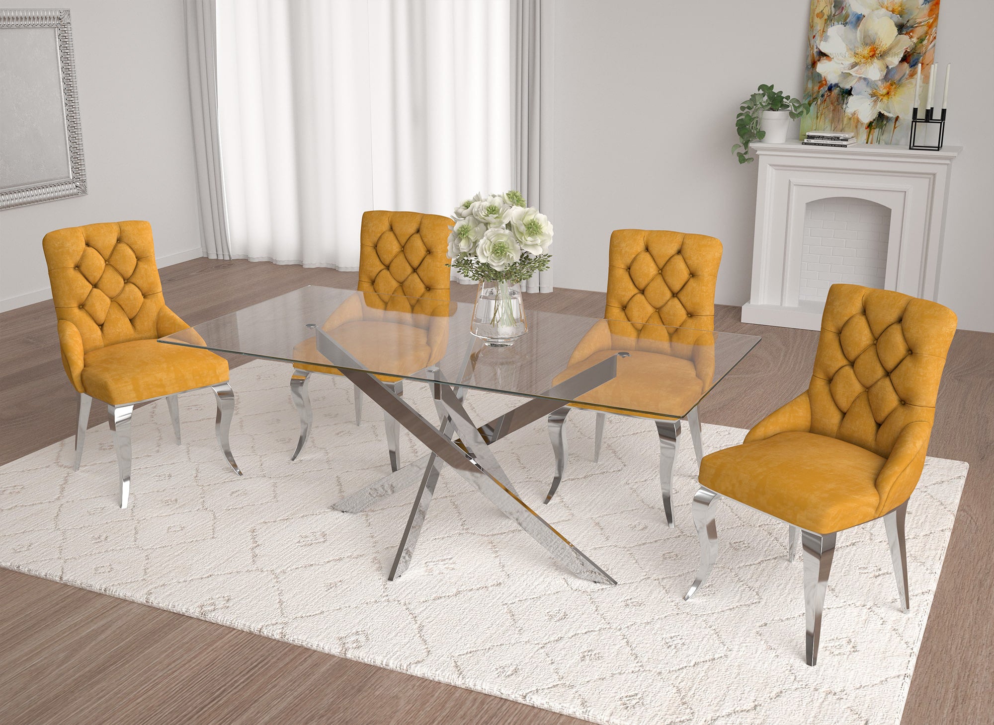 Lot de 2 chaises baroque en velours moutarde pieds argenté ROCCO