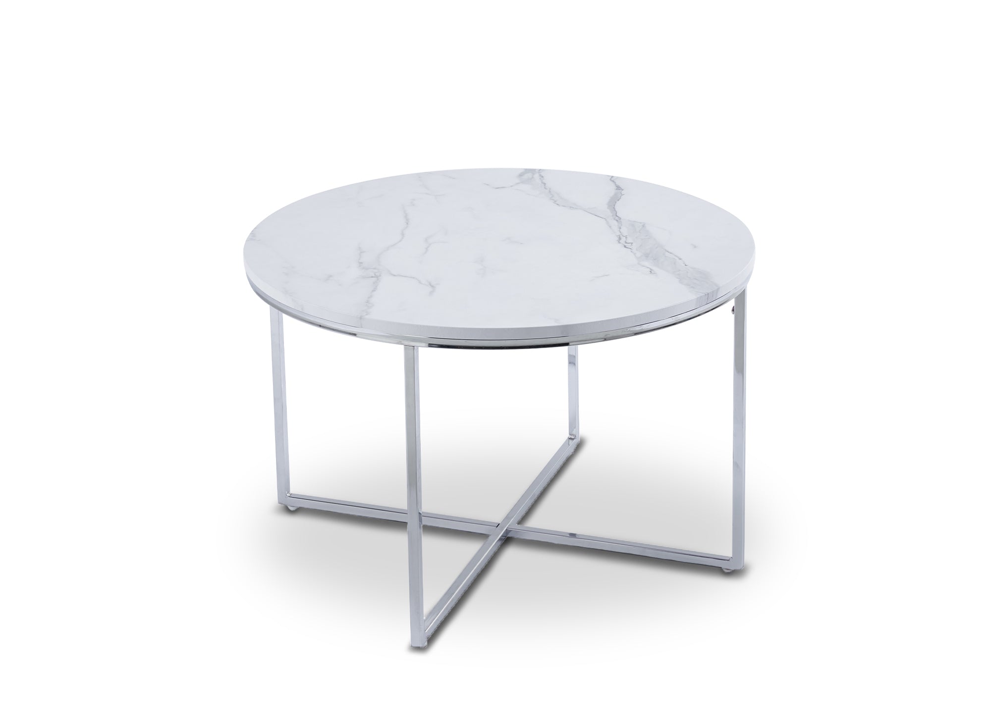 Table basse ronde effet marbre avec pieds chromés ROYCE
