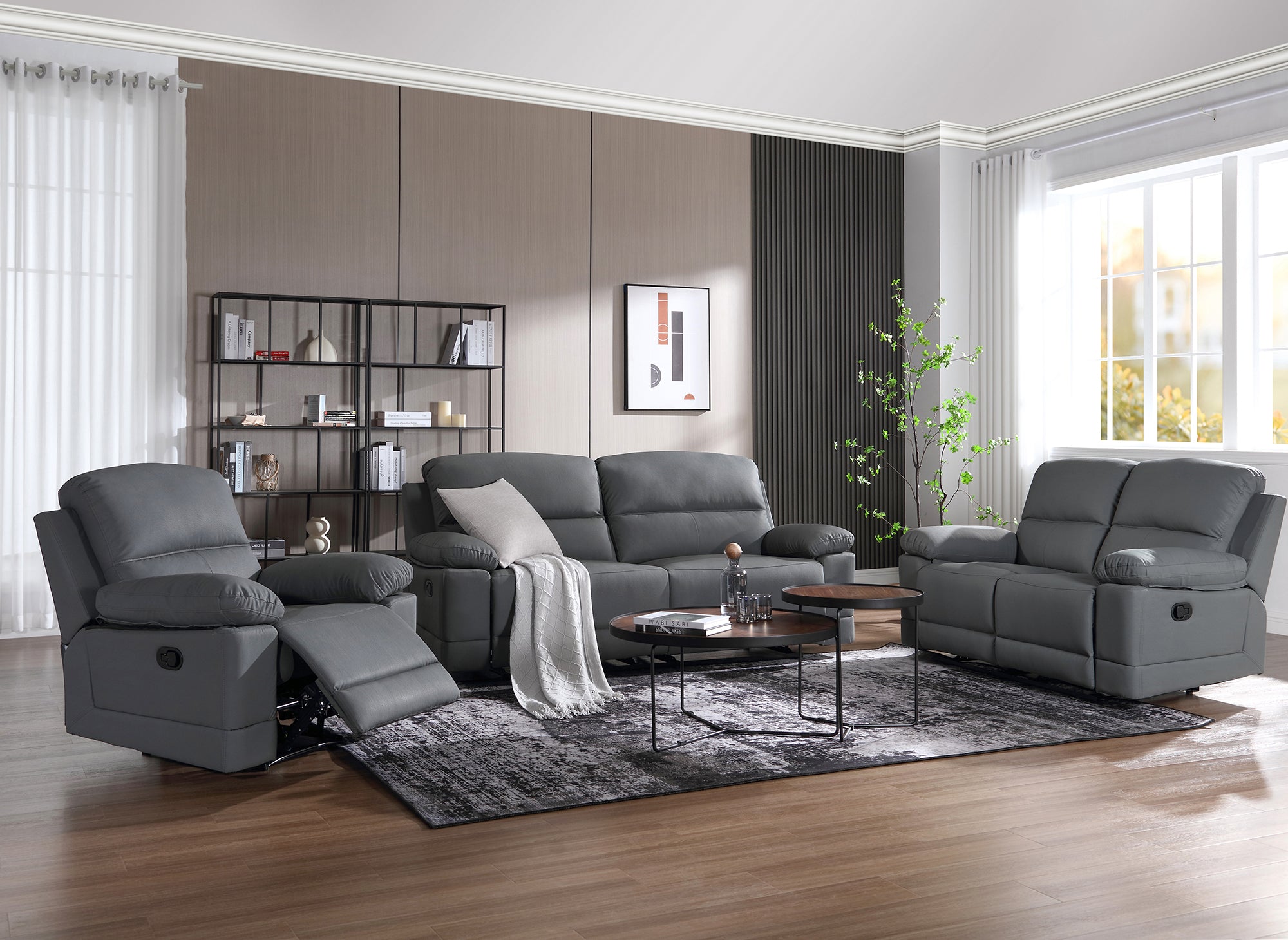 Canapé 3 places relax manuel en simili cuir gris foncé DANY