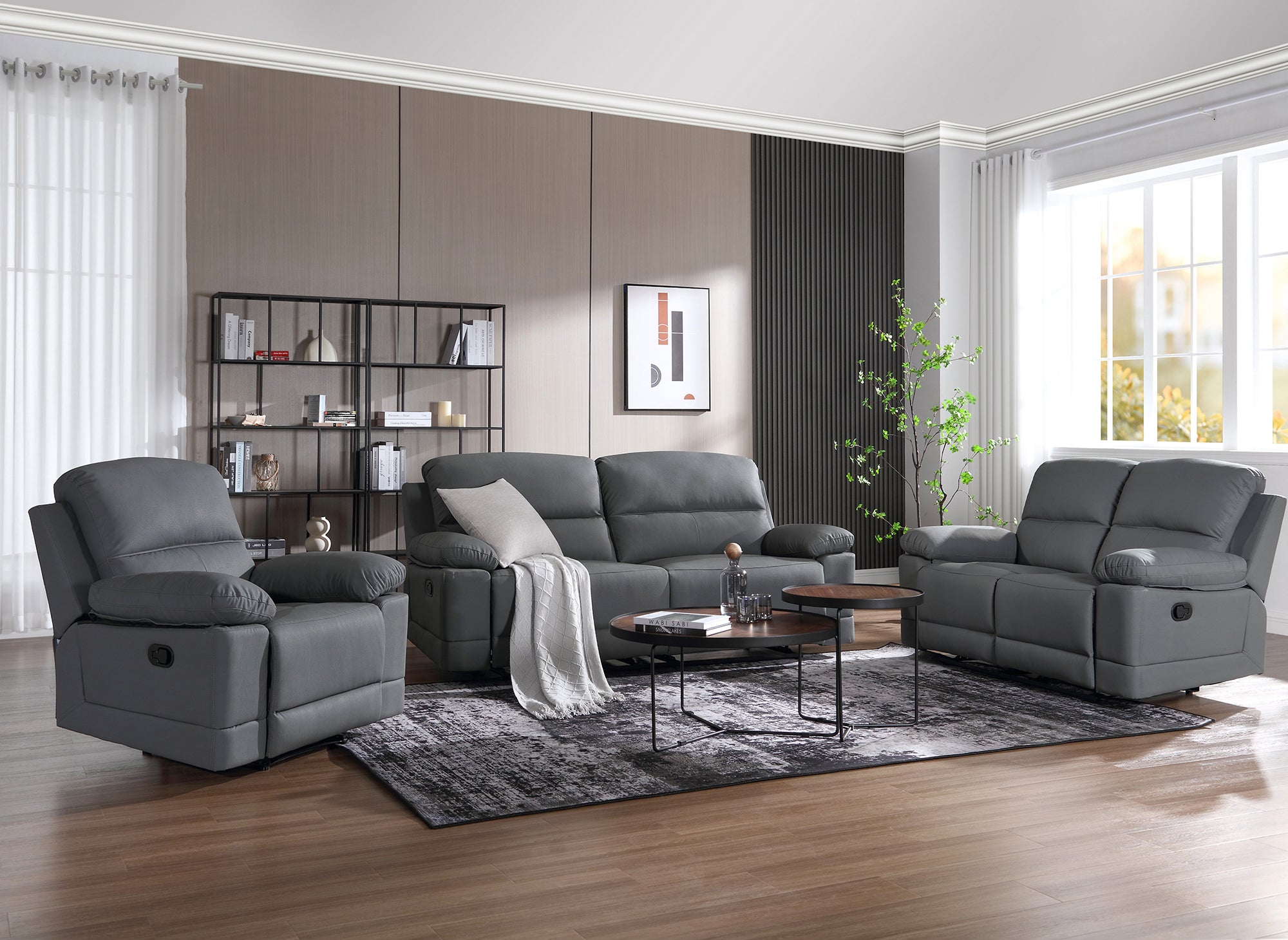 Canapé 3 places relax manuel en simili cuir gris foncé DANY