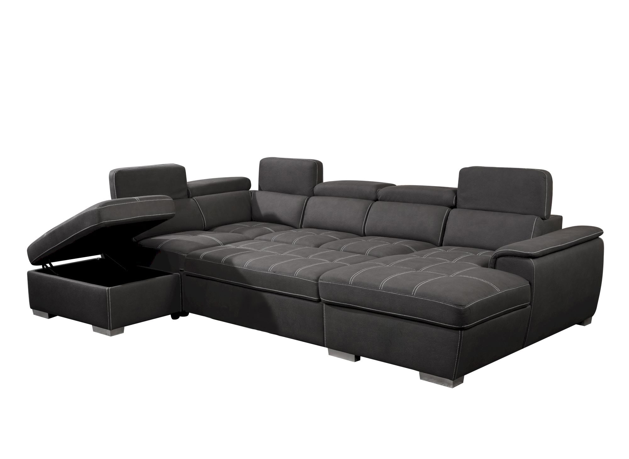 Canapé convertible et panoramique avec coffre de rangement en tissu gris OLIVER - Angle Droit