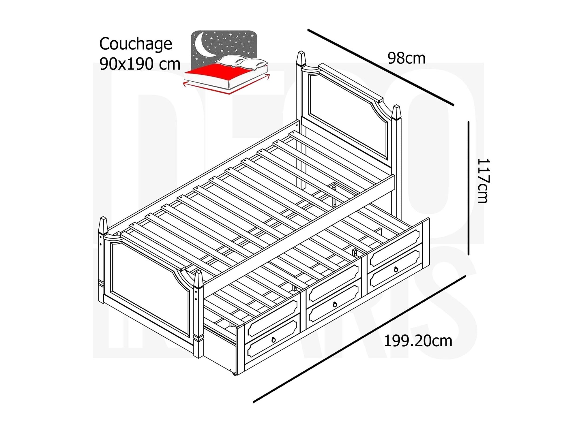 Lit gigogne avec tiroirs en bois blanc PAULINE 90 x 190 cm