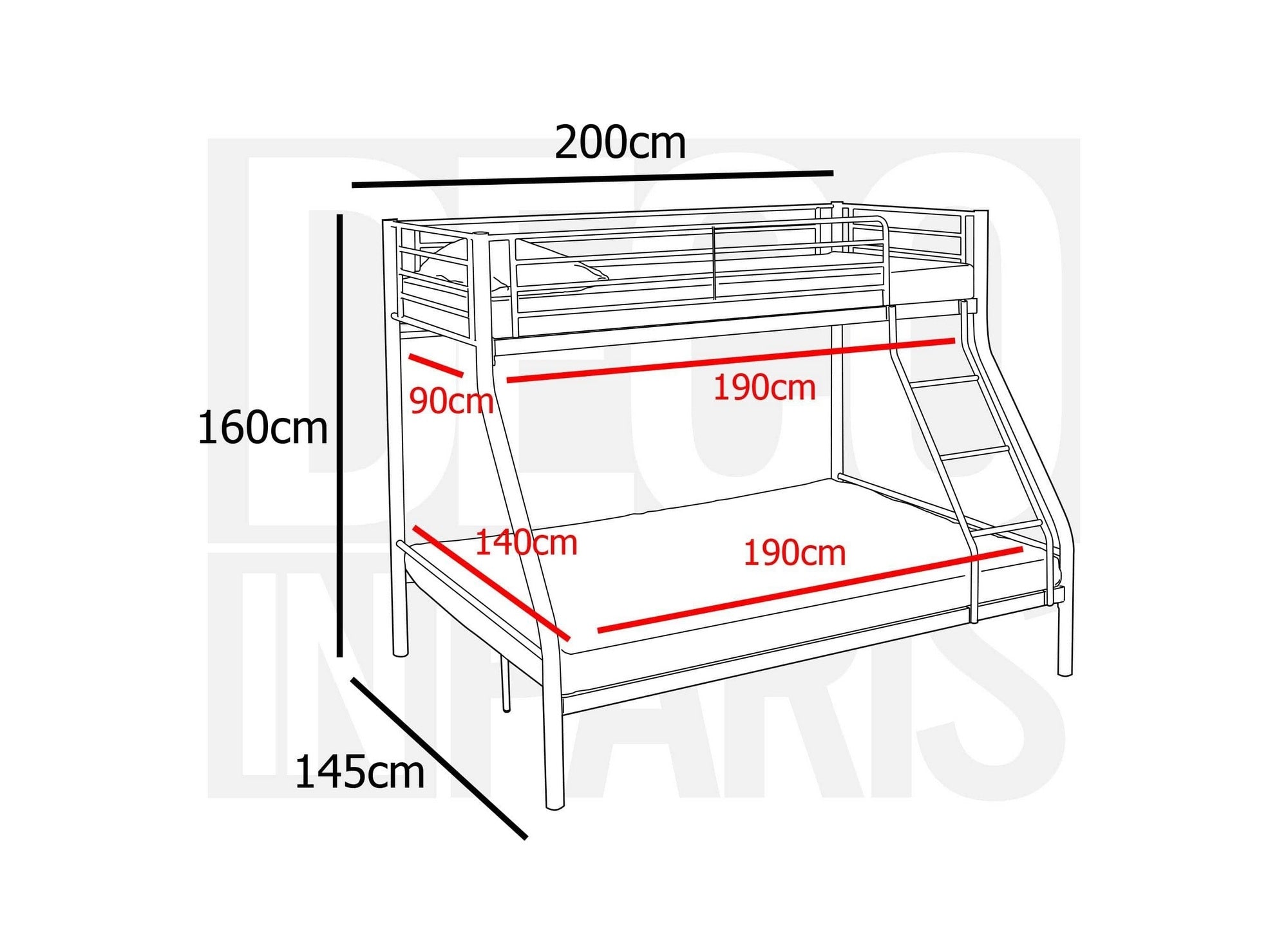 Letto a castello 3 posti in metallo bianco 90 x 190 cm e 140 x 190 cm TRINITY