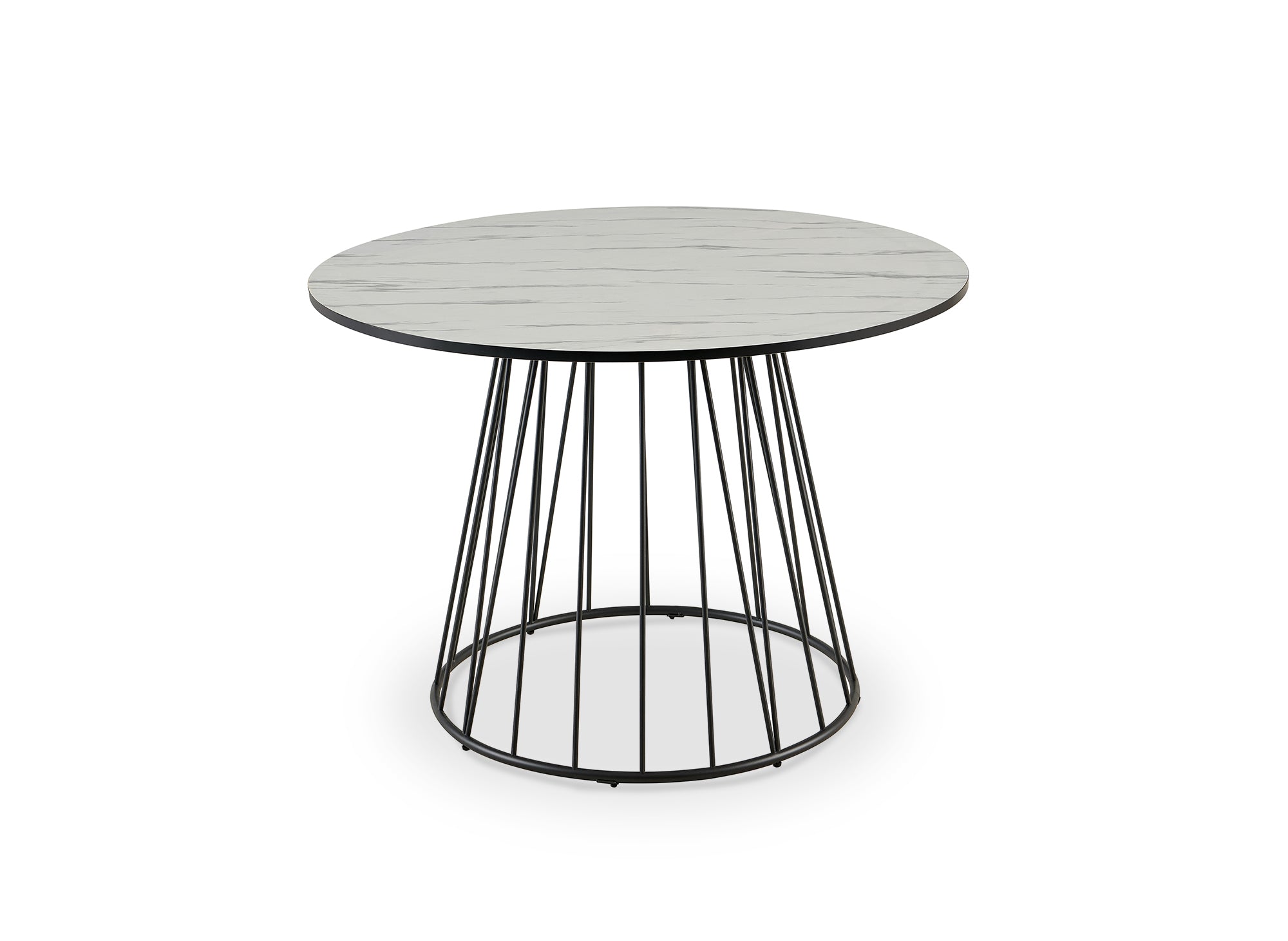 Table à manger ronde effet marbre blanc pied en métal noir STELLA