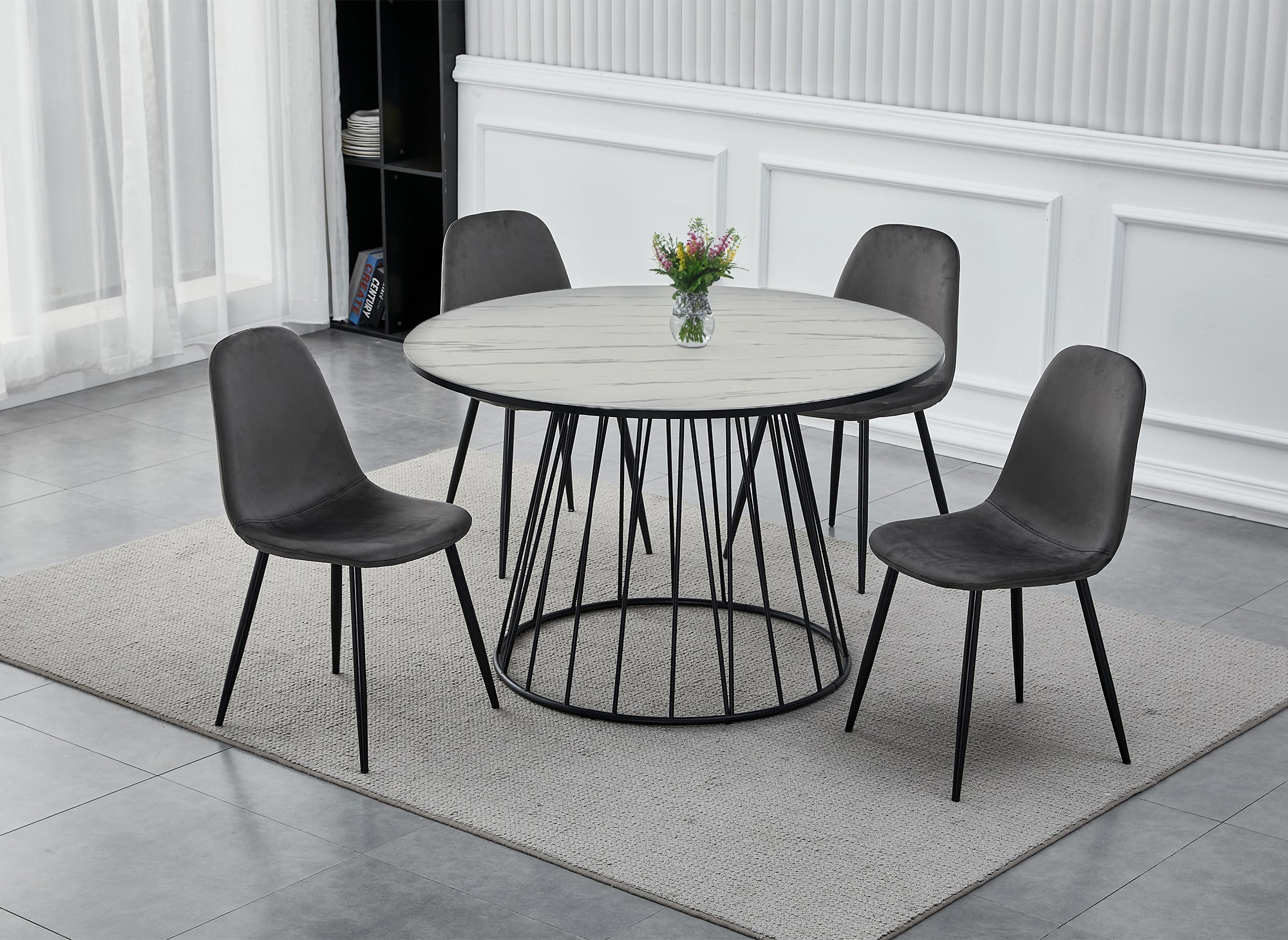 Table à manger ronde effet marbre blanc pied en métal noir STELLA