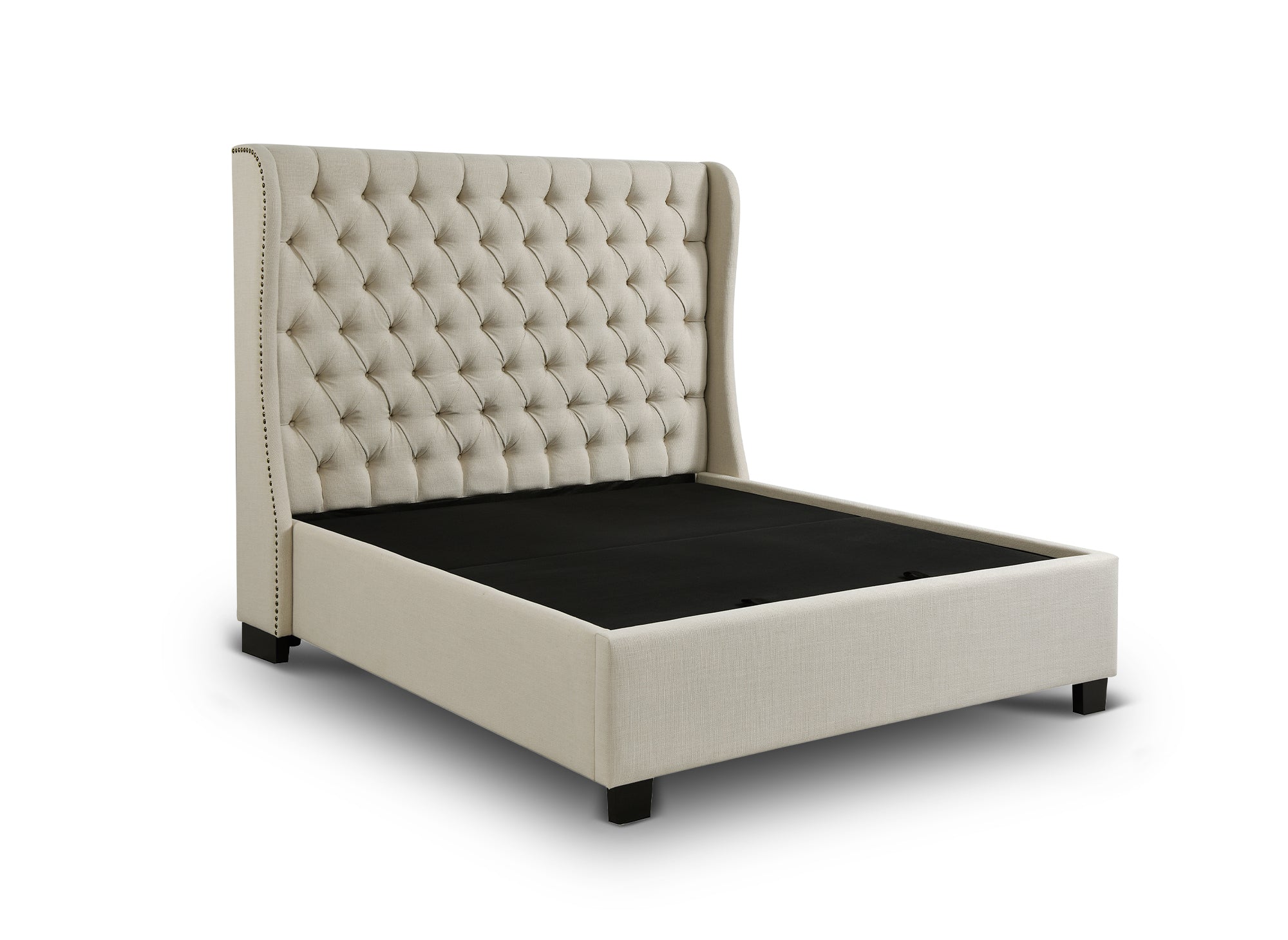 Lit coffre capitonné en tissu lin beige FLORINE 180 x 200 cm