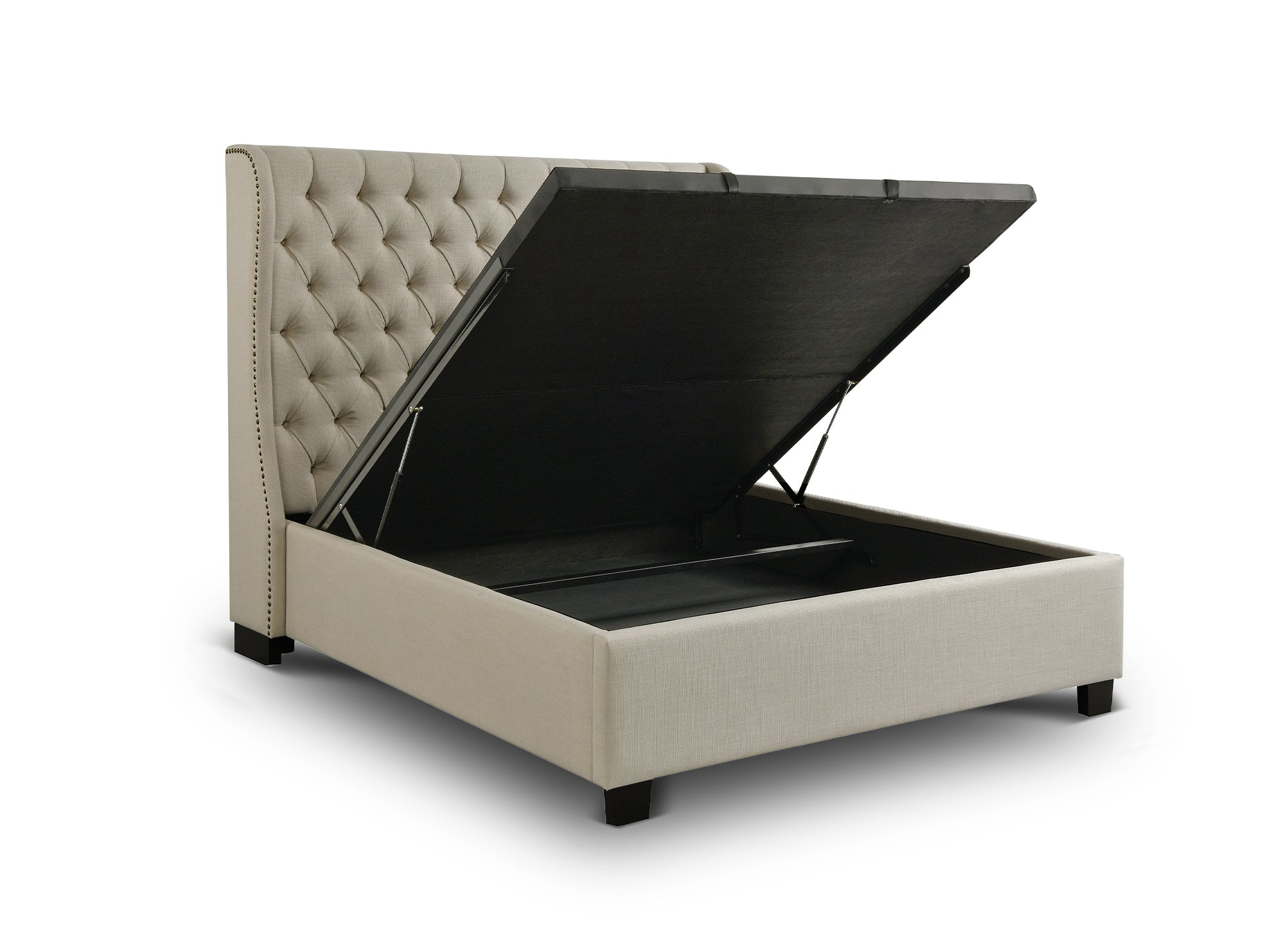 Lit coffre capitonné en tissu lin beige FLORINE 180 x 200 cm