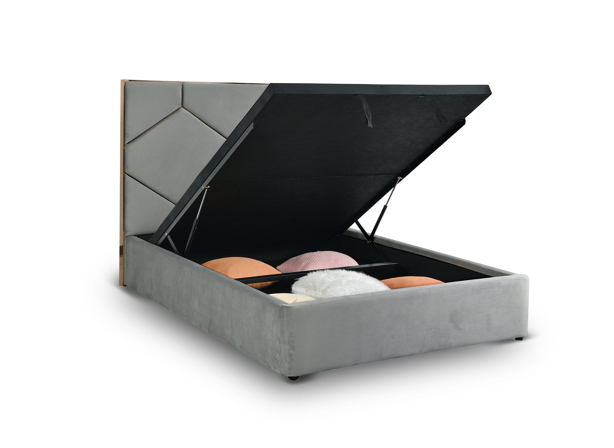 Lit coffre avec tête de lit design en velours gris LARA 140 x 190 cm
