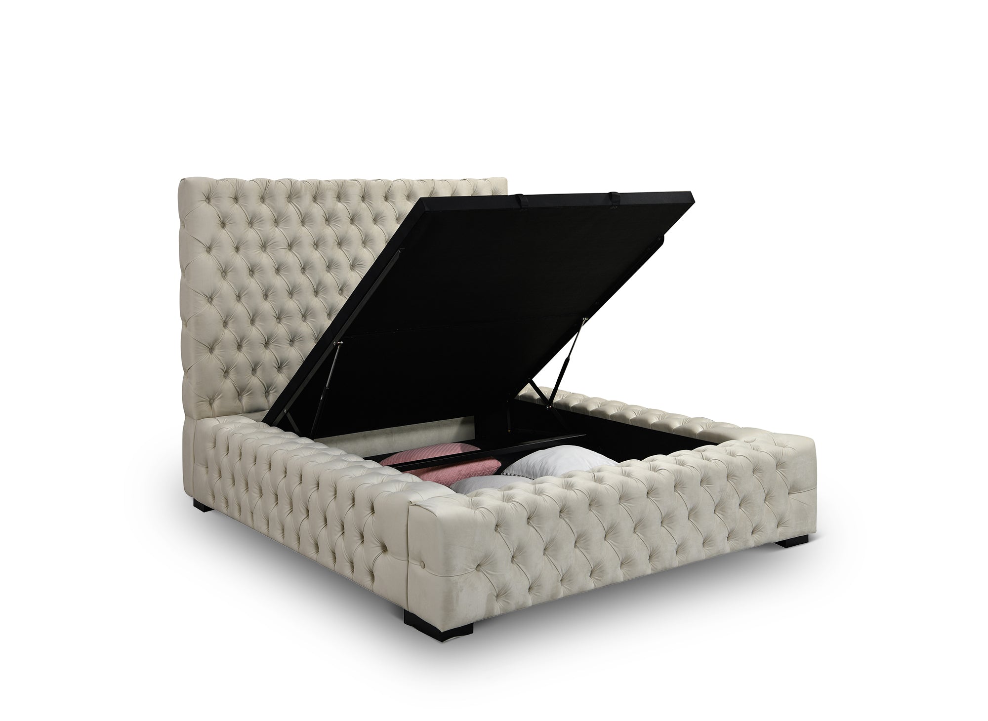 Letto contenitore imbottito in velluto beige IDALINE 140 x 190 cm