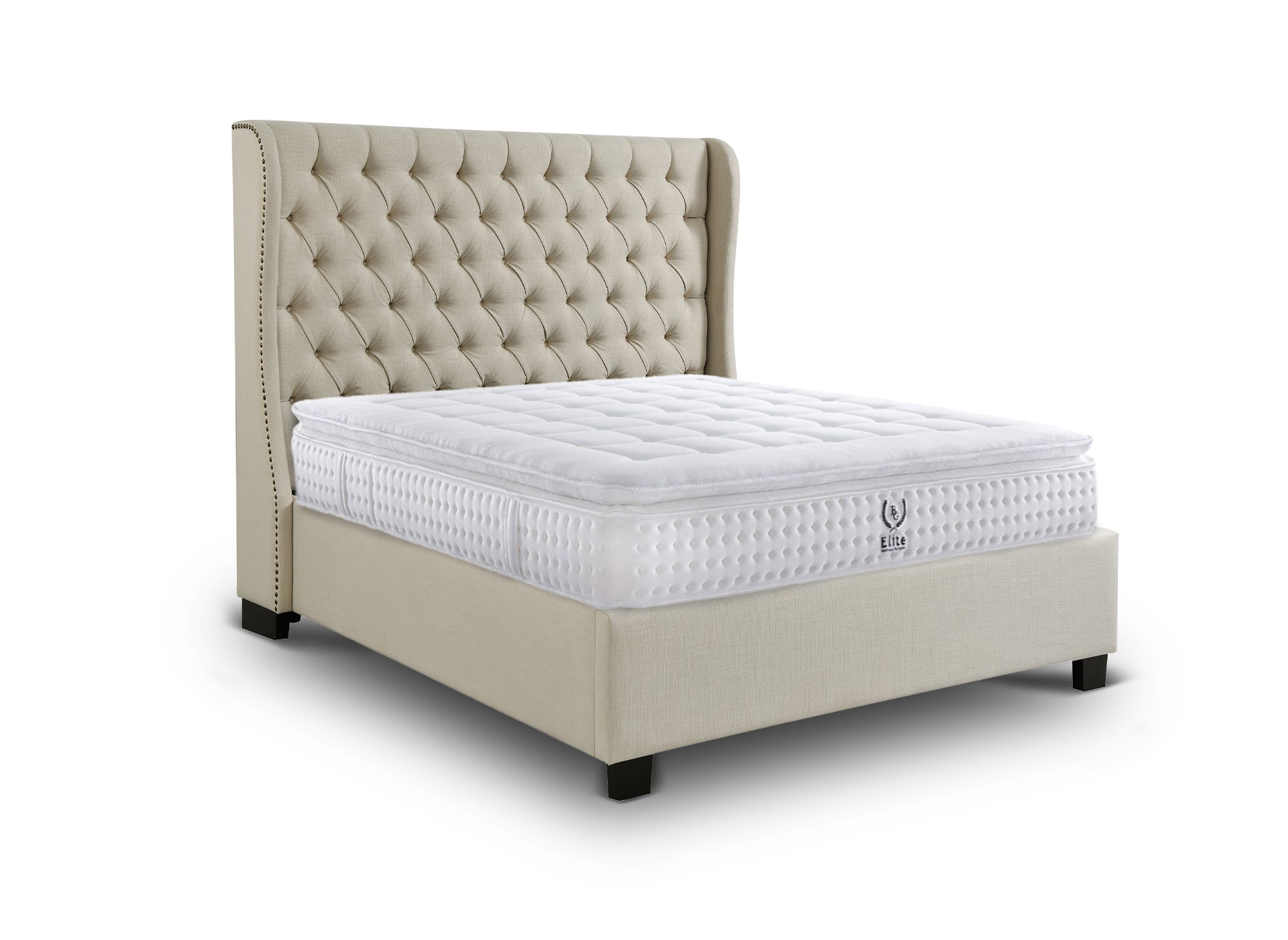 Lit coffre capitonné en tissu lin beige FLORINE 140 x 190 cm