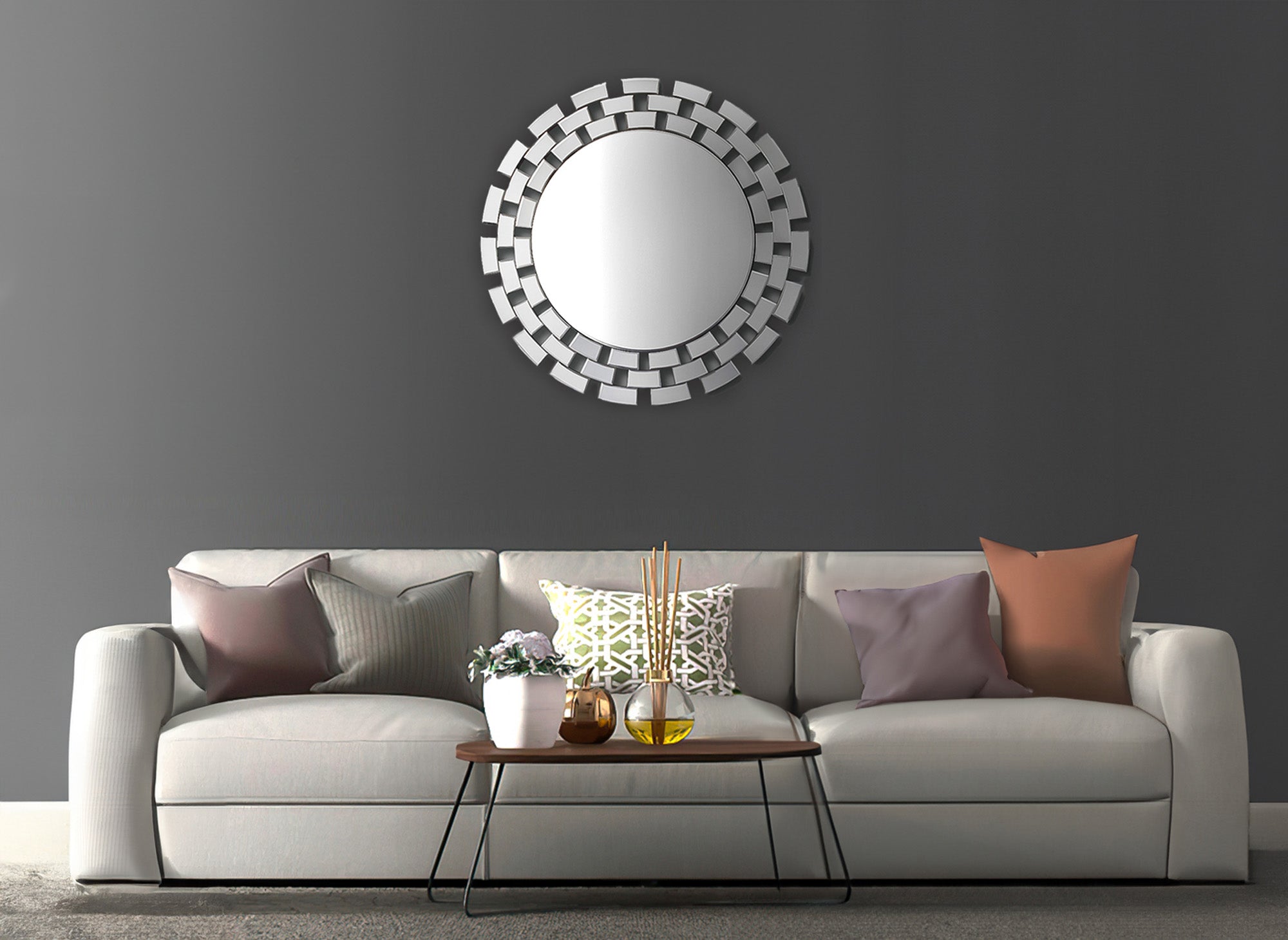 Miroir mural rond argenté 90 cm ALBA
