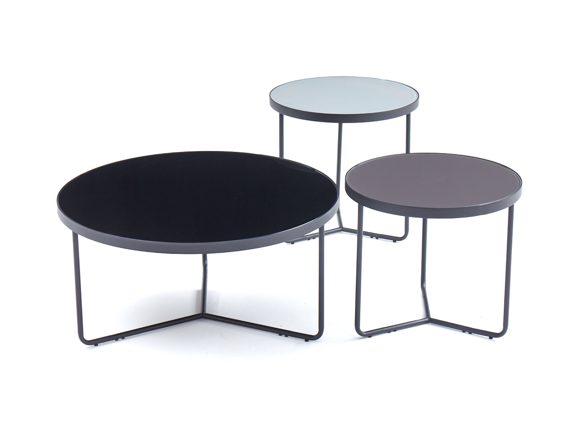 Lot de 3 tables basses rondes en verre et pieds métal noir JAKIE