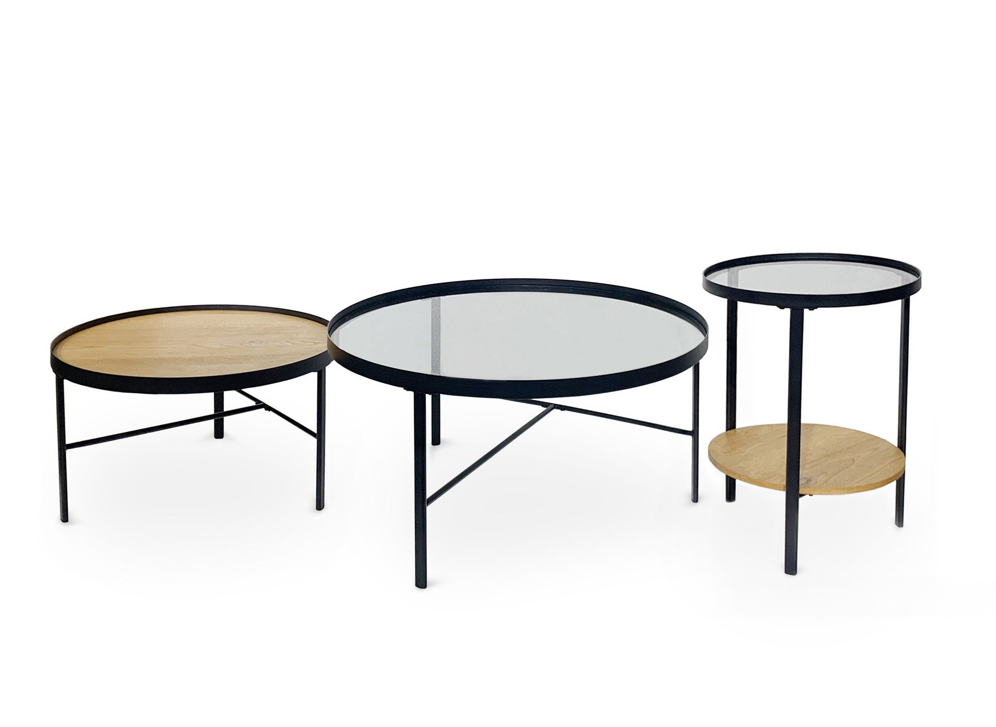 Lot de 3 tables basses rondes en bois et verre RIONA