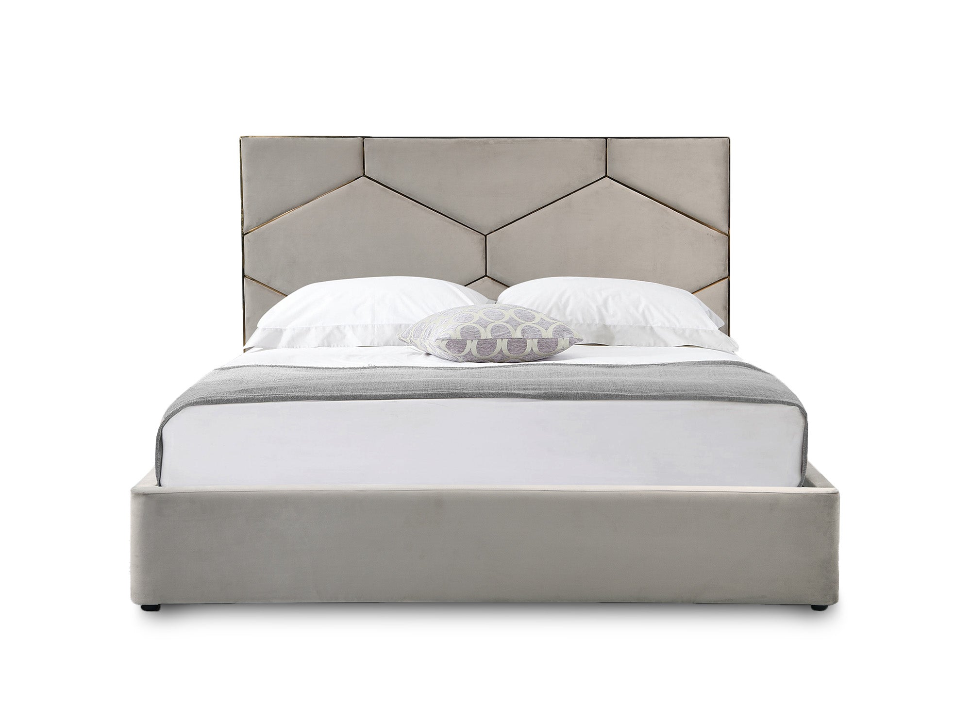 Lit coffre avec tête de lit design en velours taupe LARA 180 x 200 cm