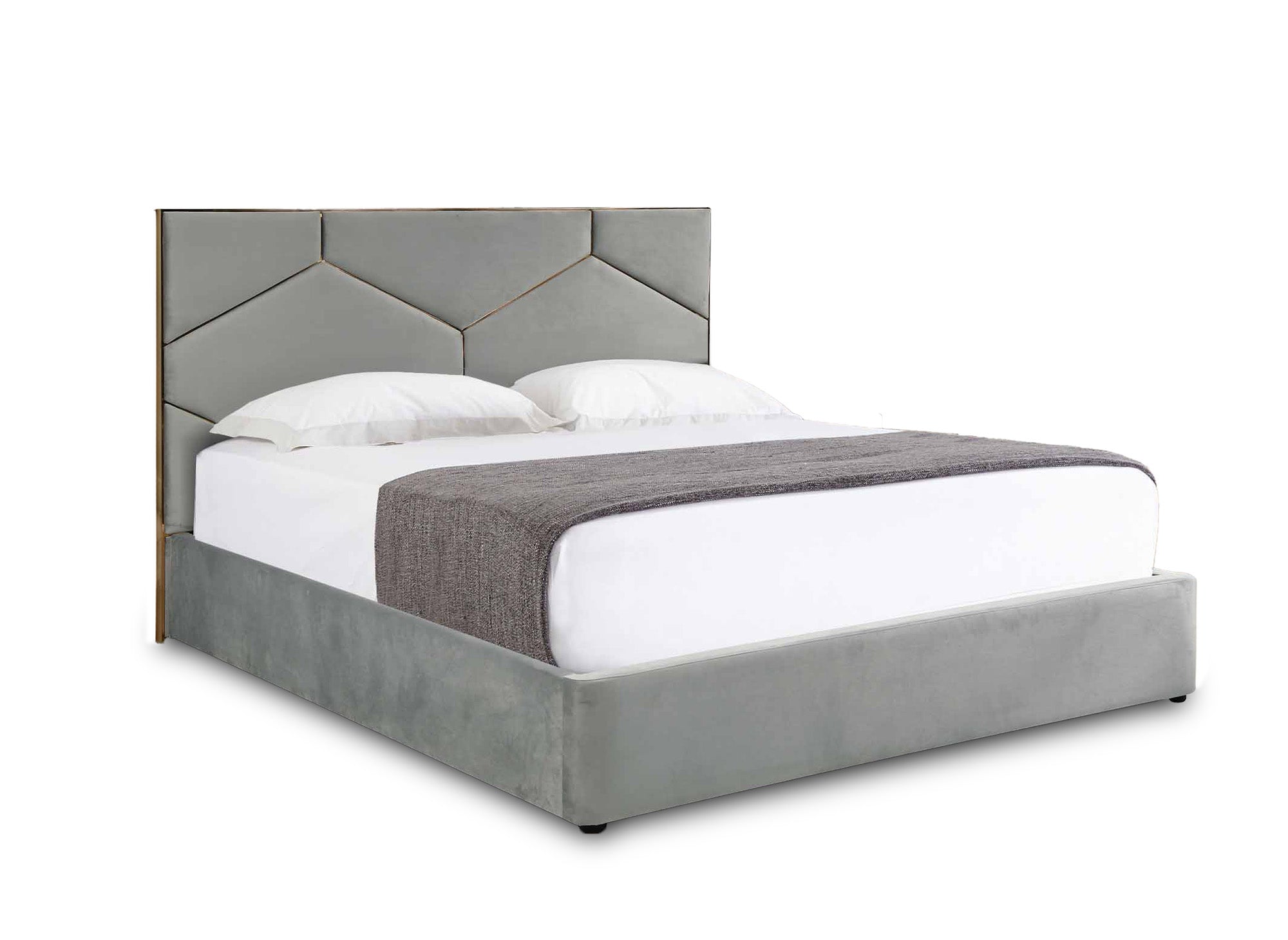 Lit coffre avec tête de lit design en velours gris LARA 140 x 190 cm