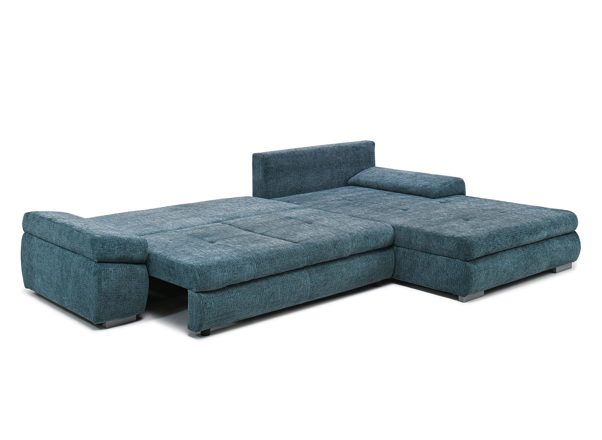 Canapé d'angle convertible réversible avec coffre en velours chiné bleu pétrole SOLEA