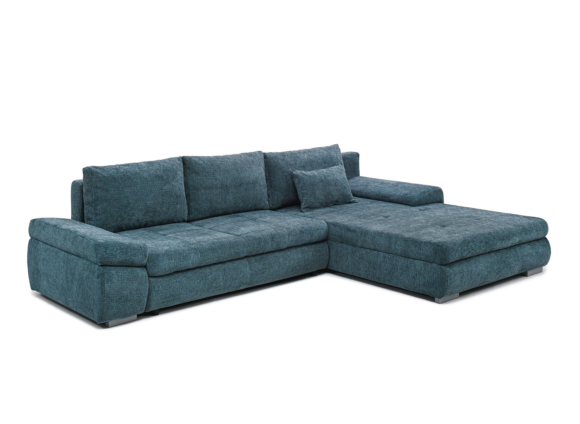 Canapé d'angle convertible réversible avec coffre en velours chiné bleu pétrole SOLEA