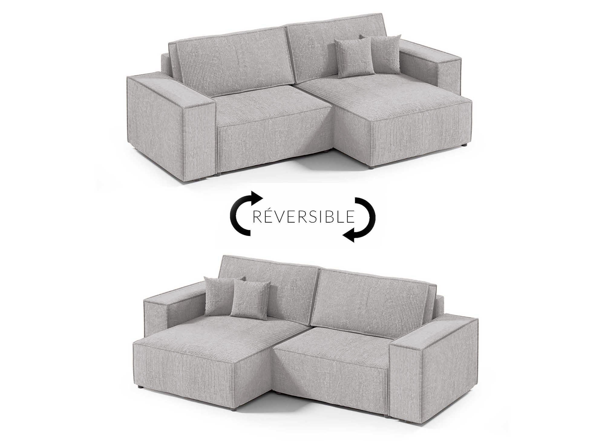 Canapé d'angle convertible et réversible avec coffre en velours côtelé gris JADE MINI