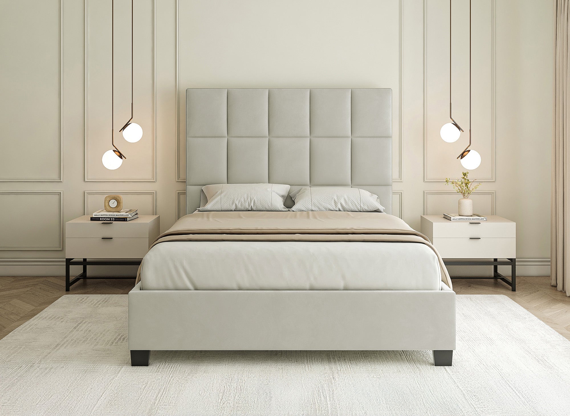 Letto contenitore design CAROLINE in velluto beige 160 x 200 cm