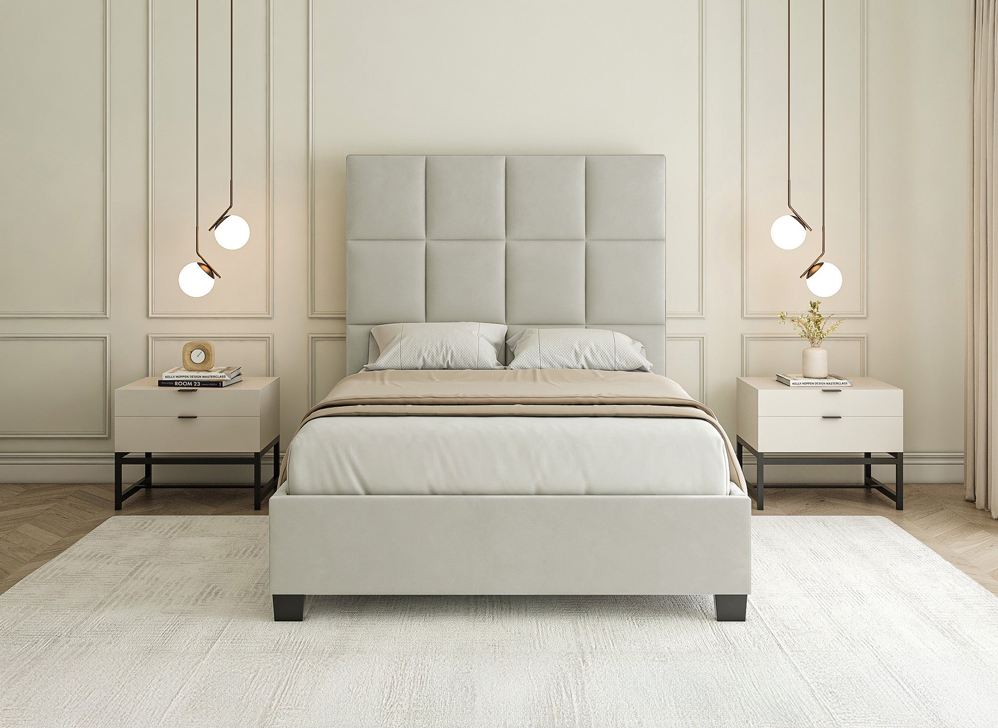 Letto contenitore design in velluto beige CAROLINE 140 x 190 cm