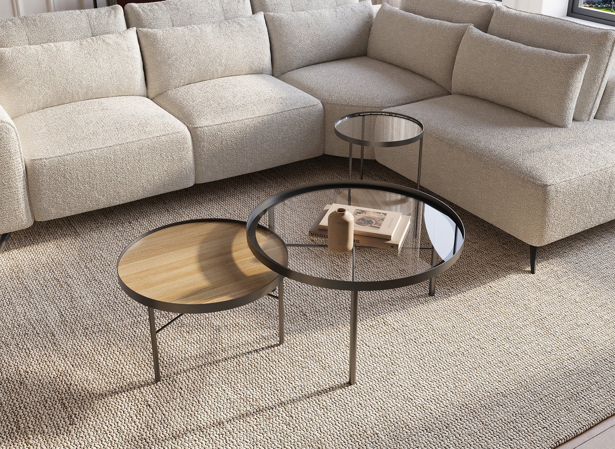 Lot de 3 tables basses rondes en bois et verre RIONA