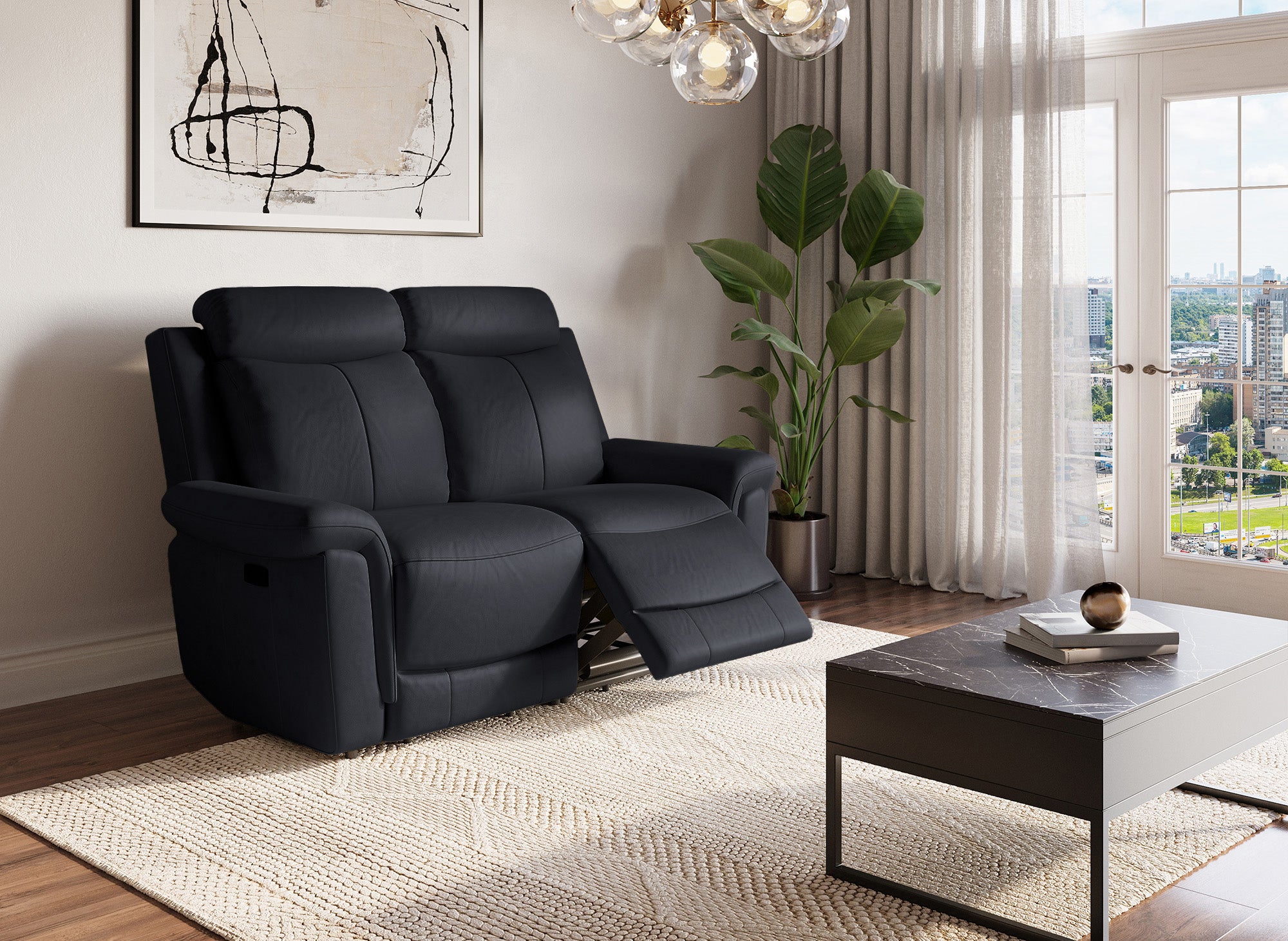 Canapé 2 places relax électrique en cuir noir ERNEST