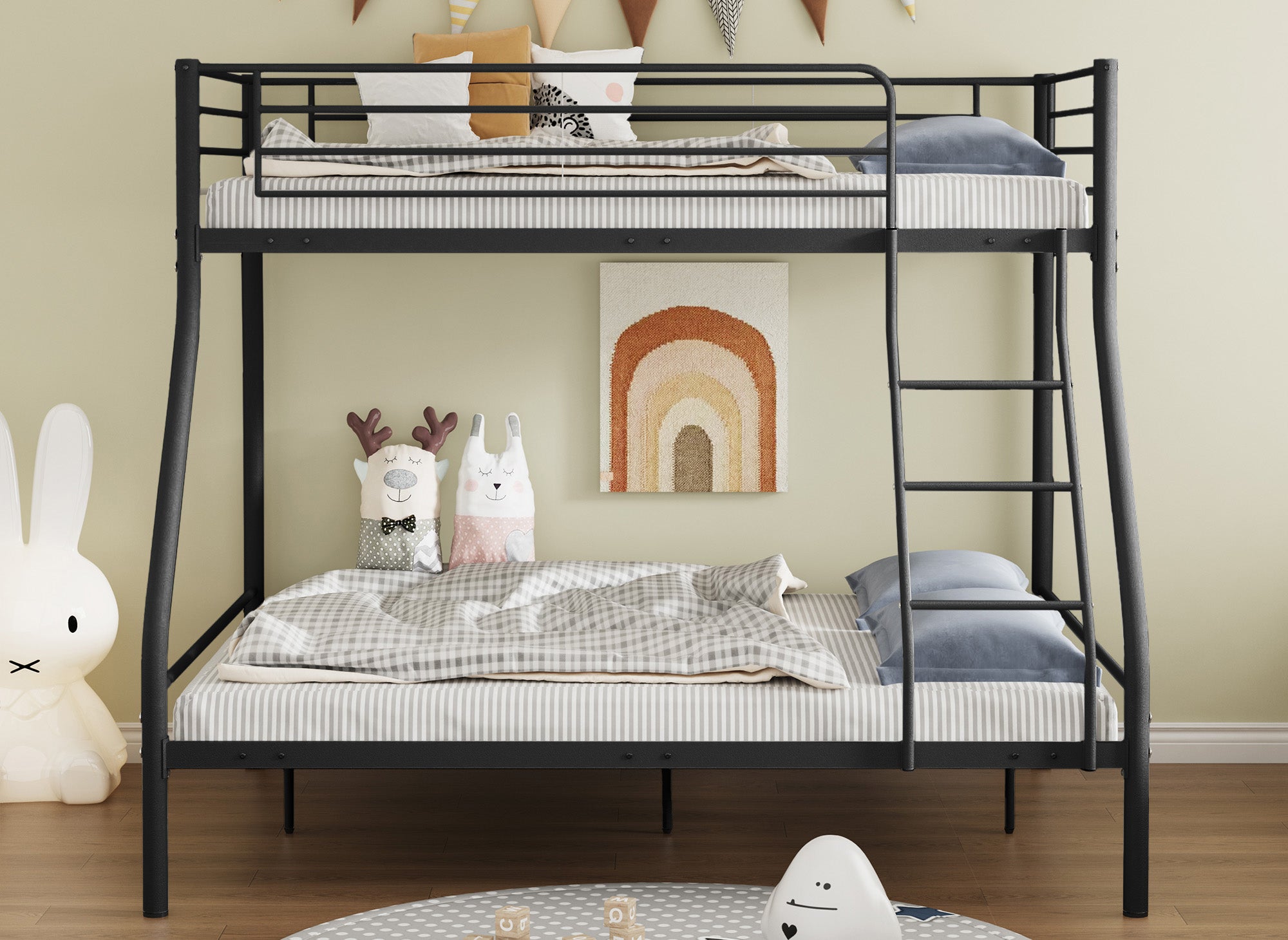 Lit superposé 3 places en métal noir 90 x 190 cm et 140 x 190 cm TRINITY