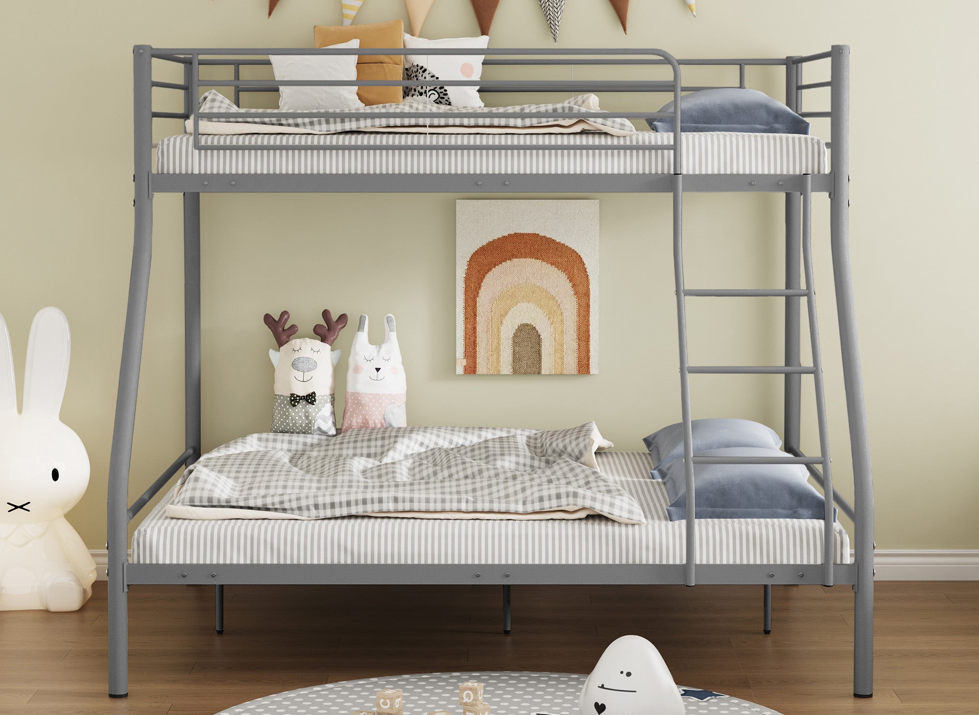 Lit superposé 3 places en métal gris 90 x 190 cm et 140 x 190 cm TRINITY