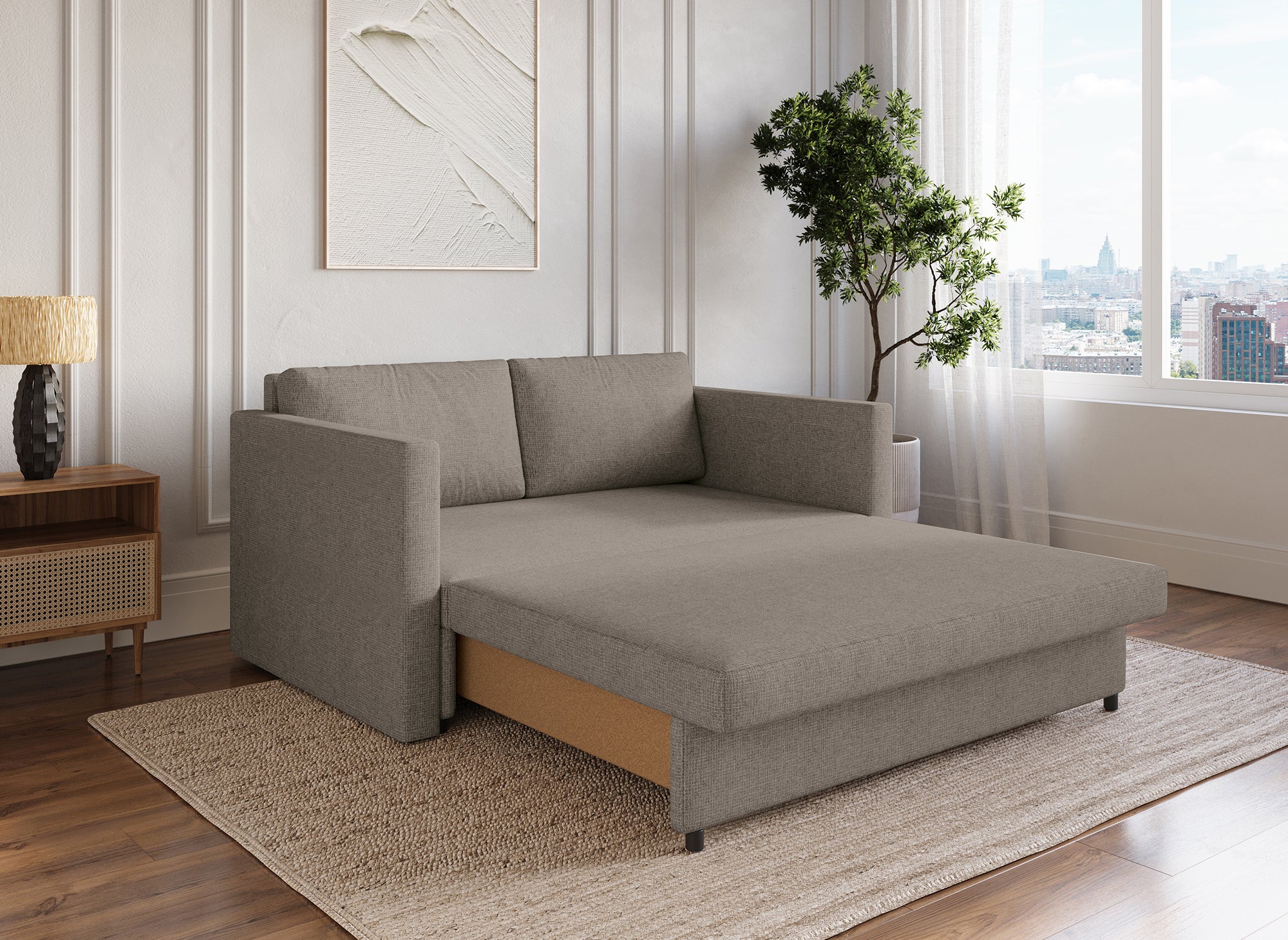 Canapé convertible 2 places avec coffre de rangement en tissu taupe YERAZ