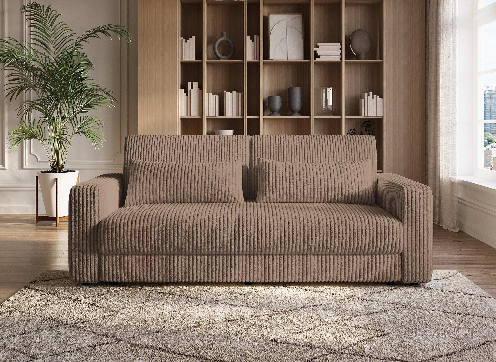 Canapé convertible 3 places avec coffre en velours côtelé épais taupe ZURIA