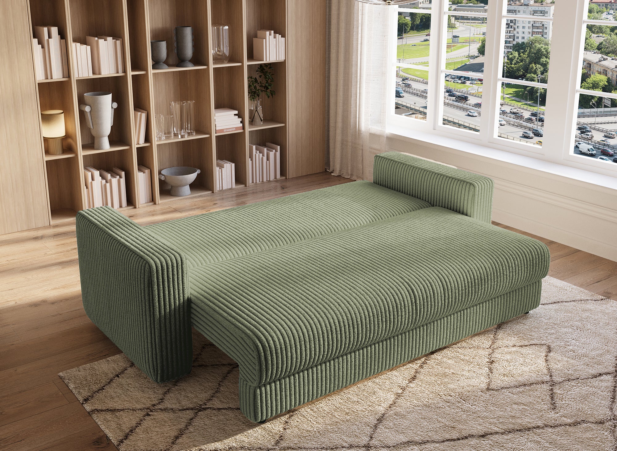 Divano trasformabile a 3 posti con cassapanca in spesso velluto a coste verde kaki ZURIA