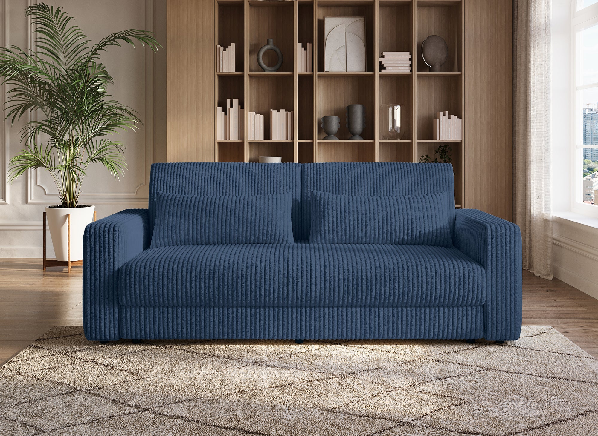 Canapé convertible 3 places avec coffre en velours côtelé épais bleu ZURIA